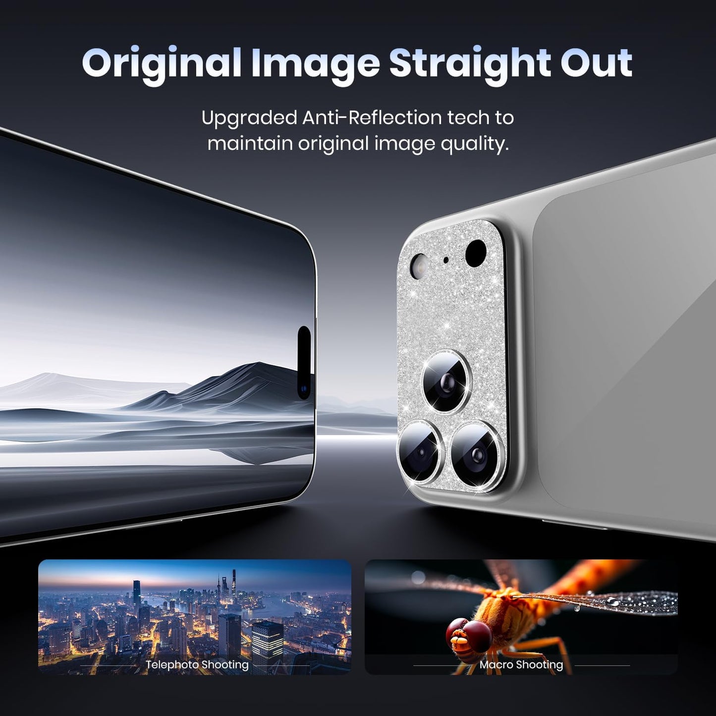 Hoerrye for iPhone 17 Pro Max Camera Lens Protector - [12FT Shatterproof Military Grade] [Strong Adsorption] Metal 9H+ Tempered Glass Camera Screen Full Cover Case Friendly,Glitter Silver