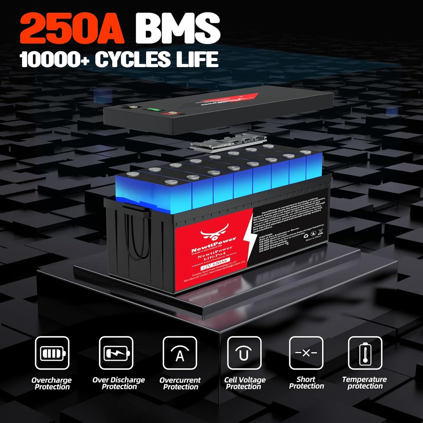 12V 600Ah Lithium LiFePO4 Battery with 250A BMS Grade A Cells Deep Cycle Rechargeable Battery,10000+ Cycles,Perfect for Golf Cart,Off Grid Applications (12.8V 600Ah)