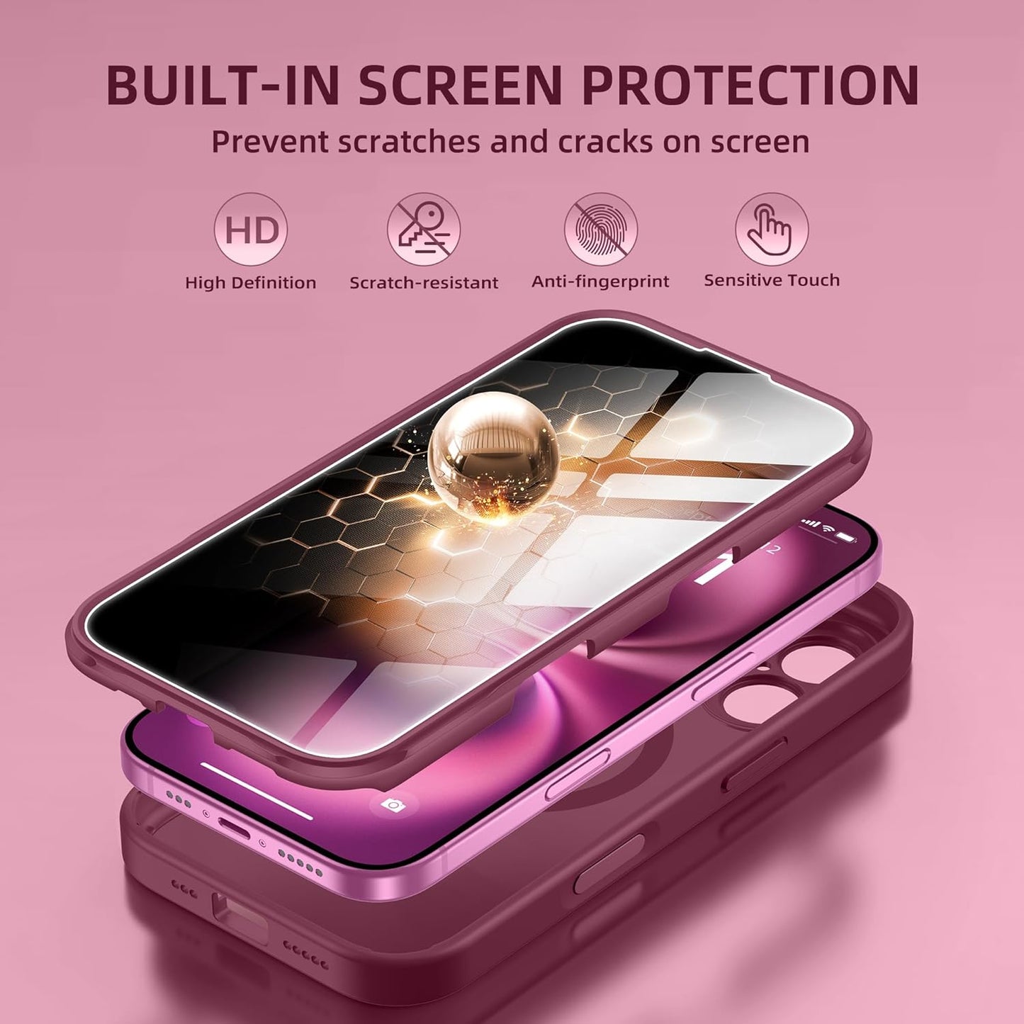 BERFY Magnetic for iPhone 16 Case, Compatible with MagSafe, Built-in Privacy Screen Protector and Upgraded Camera Protection, Anti-Spy Full Body Shockproof Phone Case for 16 6.1", Dark Red