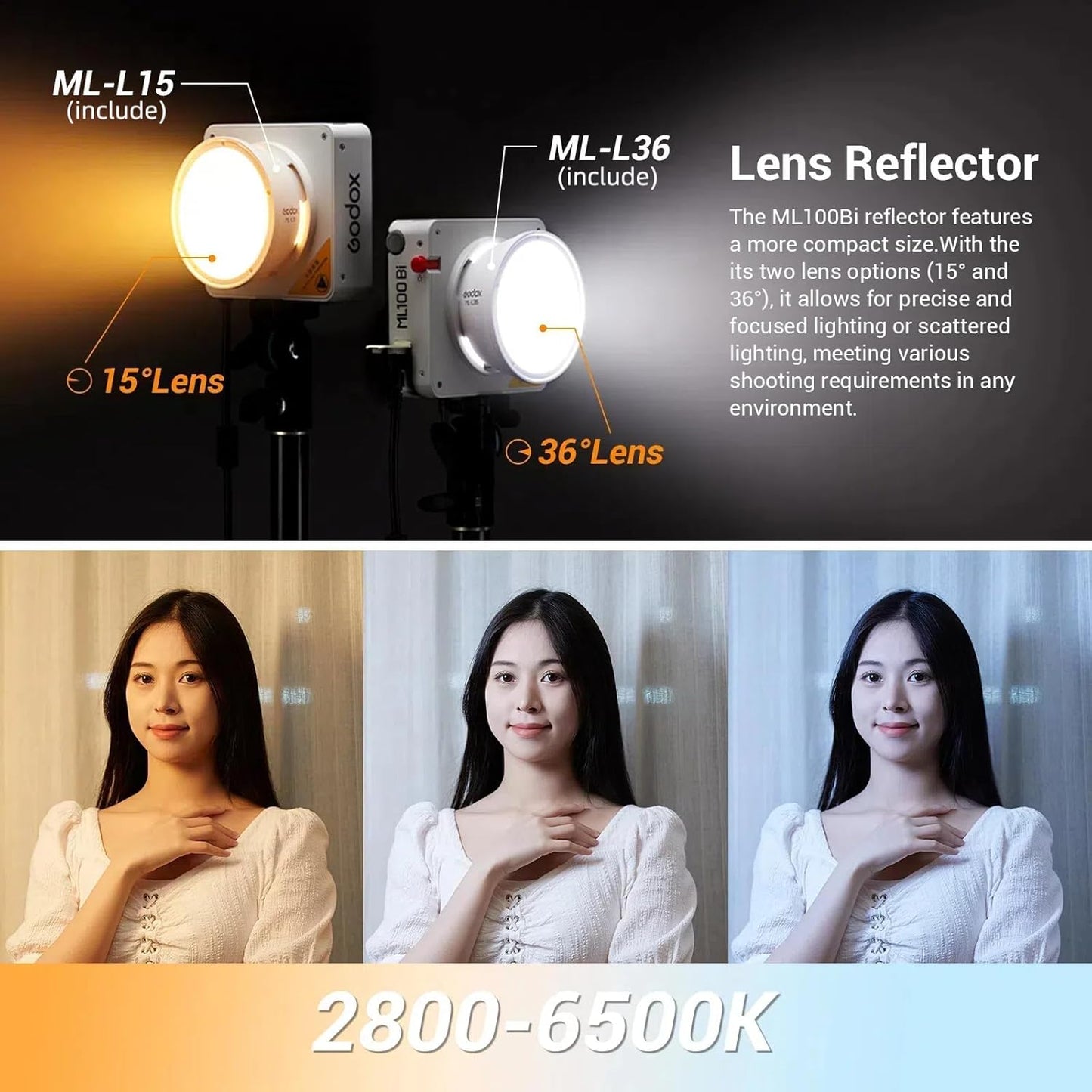 Godox ML100Bi Bi-Color LED Video Light, 120W 34300Lux@1M CRI 97+ TLCI 98+ 2800K-6500K, 11 FX Effects Photography Light, Portable LED Continuous Light