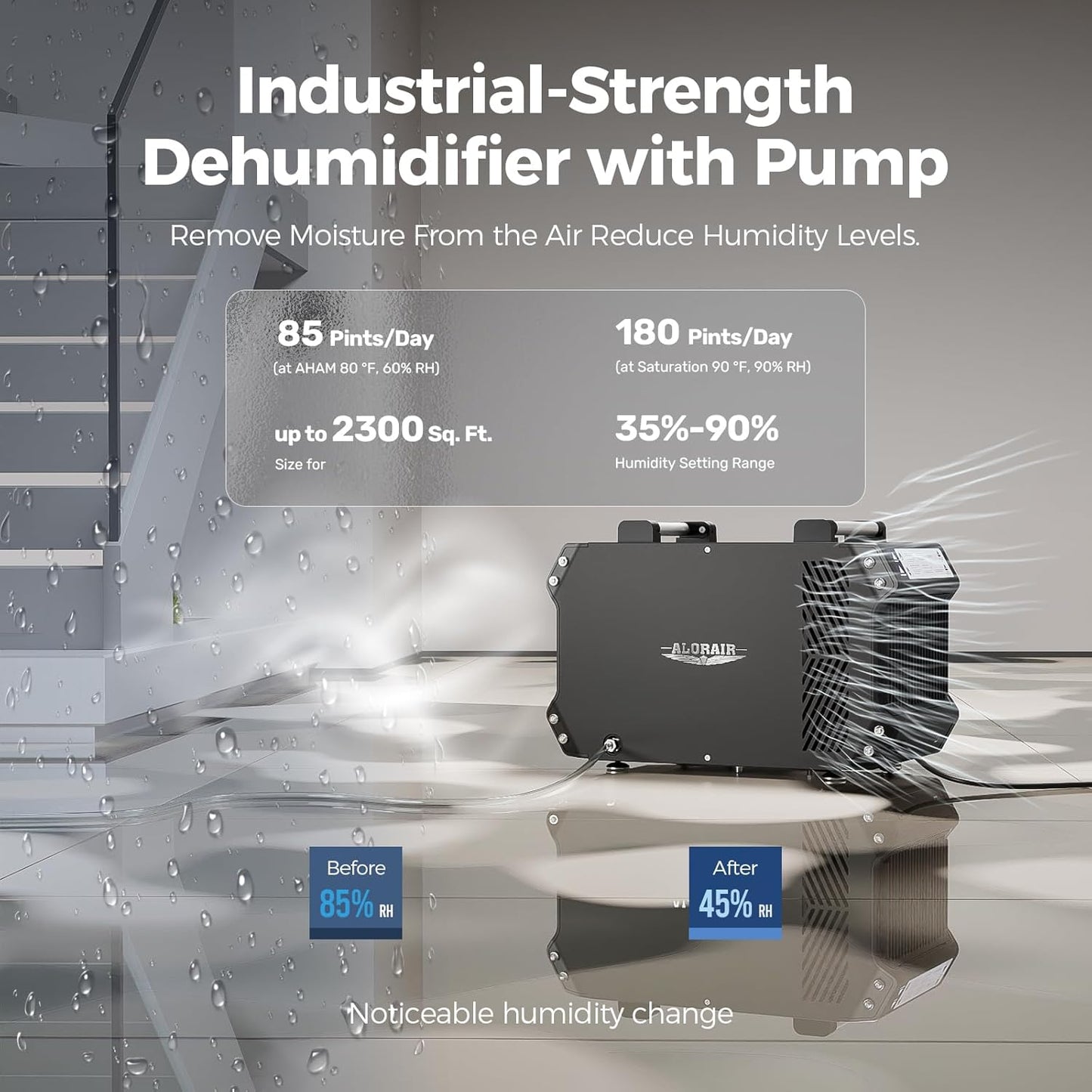 ALORAIR Crawlspace Dehumidifiers with Pump, 180 Pint Commercial Dehumidifier for Basements with Drain Hose, 2,300 Sq.Ft Auto Defrost Industry Crawl Spaces Dehumidifier