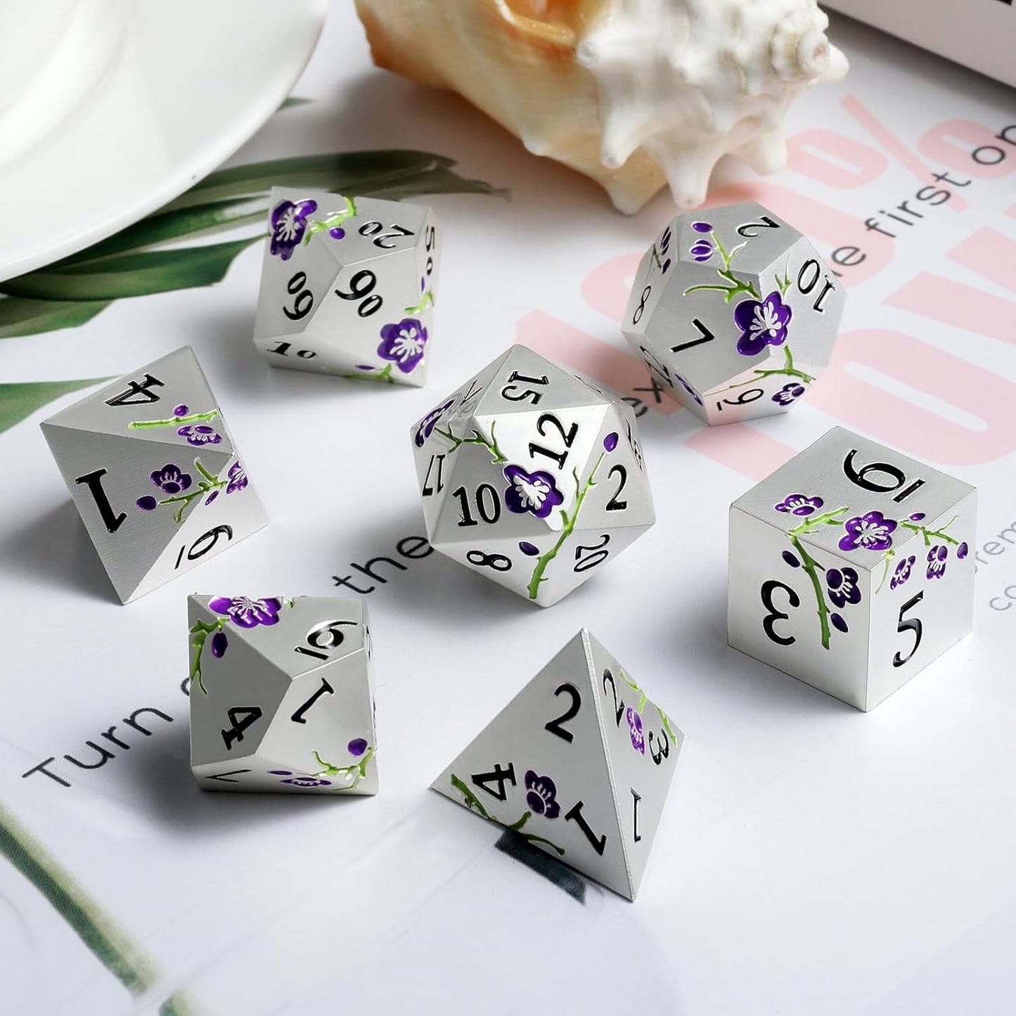 Flower Silver Metal Dice, DNDND 7 PCS Heavy Metallic D&D Dice Set with Gorgeous Gift Case for Dungeons and Dragon Tabletop Game (Matte Silver with Purple Flower)