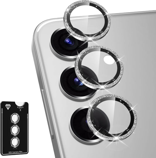for Samsung Galaxy S25 Camera Lens Protector, Individual Metal Ring Tempered Glass Lens Cover, [Strong Adsorption] Scratch Resistant Ultra-Thin HD Clear Lens Cover, 1 Set-Silvery Sparkly