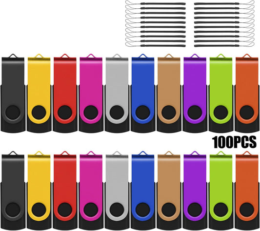 EASTBULL Flash Drive Bulk 8GB USB 100 Pack with Lanyards USB 2.0 Thumb Drive Bulk Memory Stick Swivel Pen Drive for Storage and Backup(8GB 100Pack, Mixed Color)