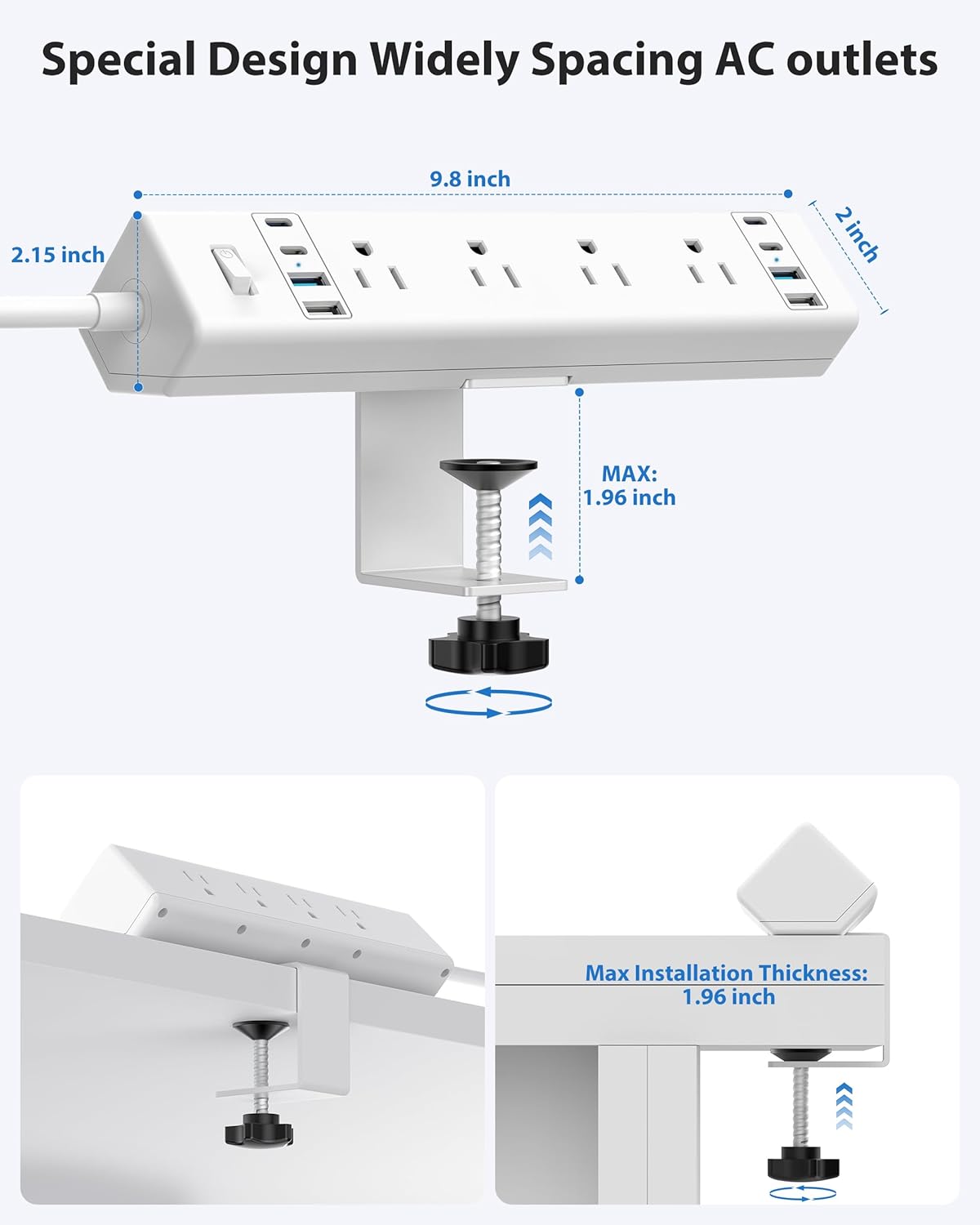 40W Fast Charging Station,Desk Clamp Power Strip 20W USB C,8 Outlets,8 USB Ports,4 USB C 4 USB A,Nightstand Edge Mount Surge Protector, 14AWG Cord, Fits 1.9" Tabletop Edge for Office,Home Furniture