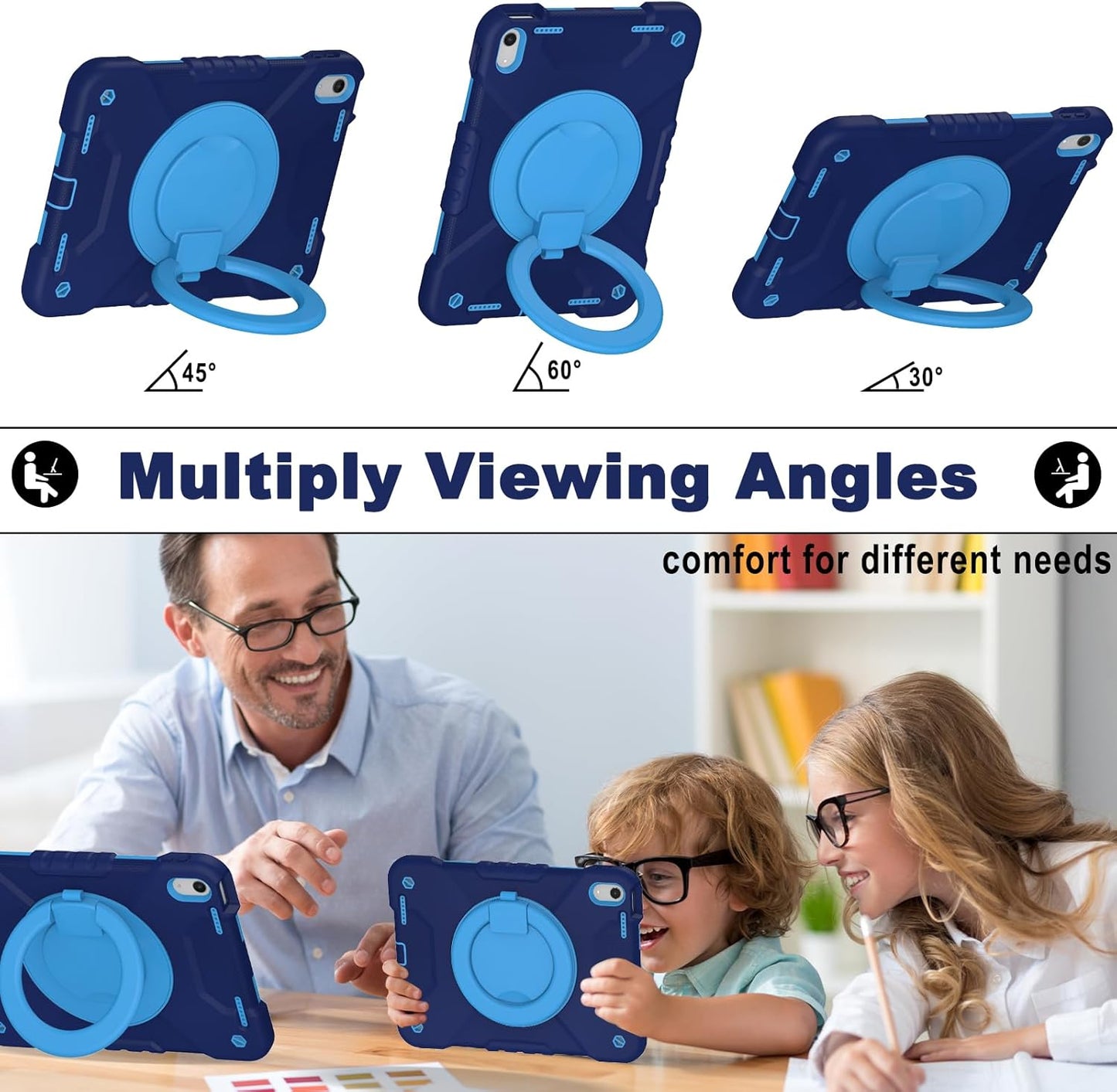 Case for iPad (A16) 11th Generation 11 inch 2025/10th Generation 10.9 inch 2022, Heavy Duty Shockproof Kids Protection Cover with Pencil Holder/360° Rotating Stand/Handle/Shoulder Strap, Navy Blue