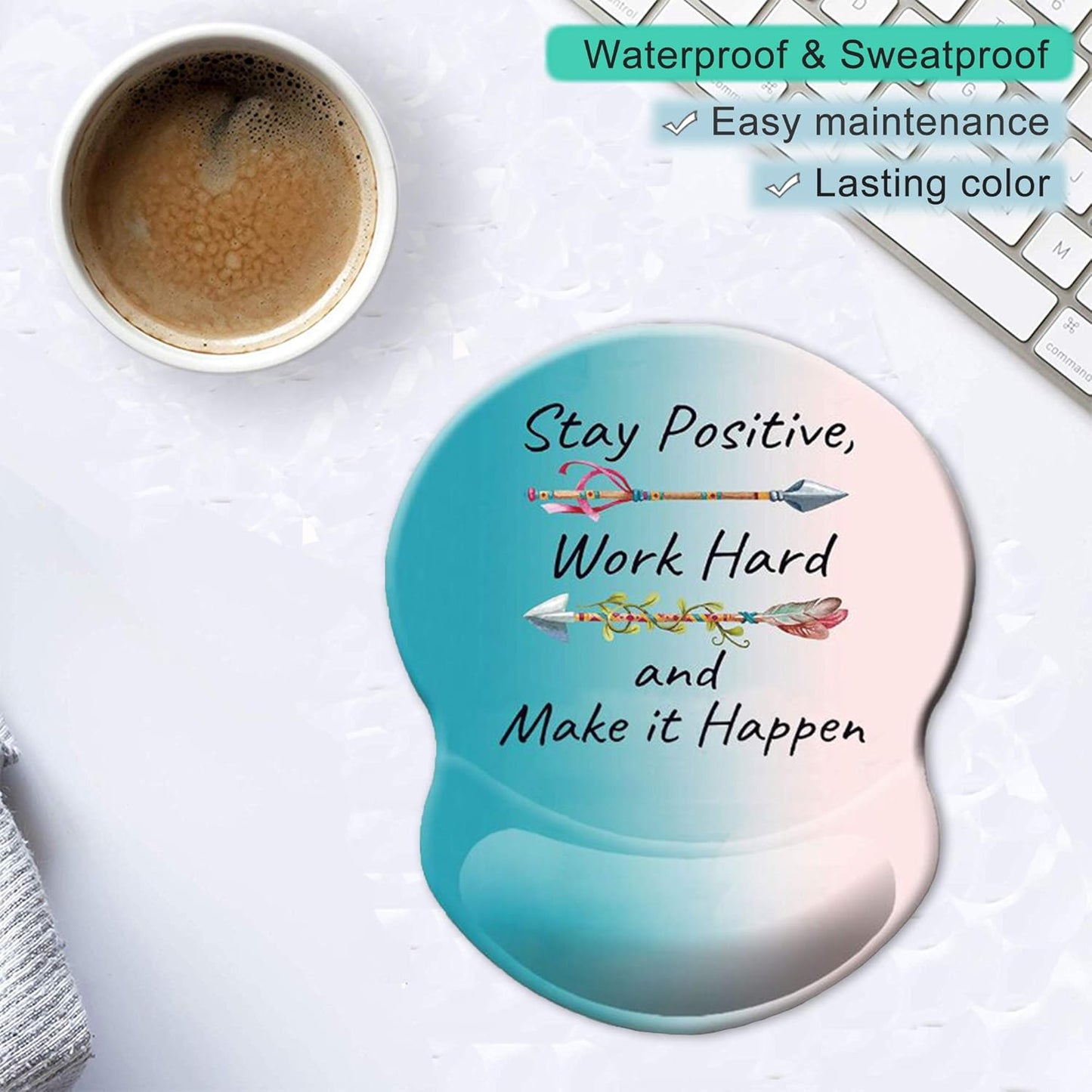 ITNRSIIET Ergonomic Mouse Pad with Gel Wrist Rest Support Non-Slip PU Base Stay Positive Work Hard and Make It Happen Inspirational Quote Cute Small Mouse Pad Pain Relief, 8.7 x 7.2 inches