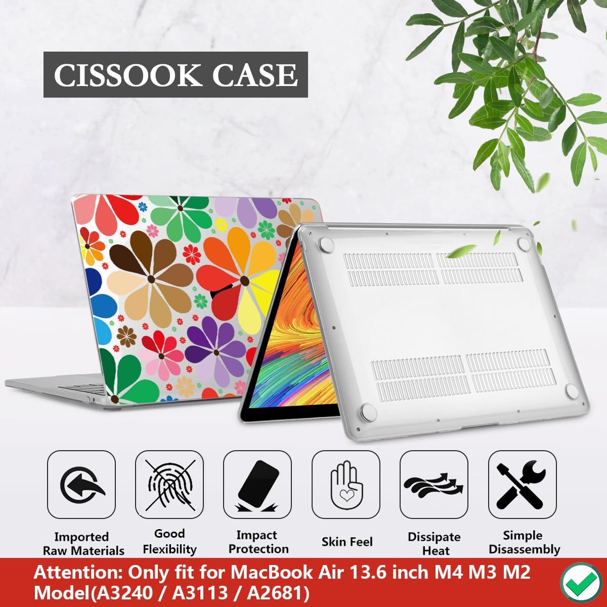 CISSOOK Compatible with MacBook Air 13.6 inch Case 2025 2024 2023 2022 Release A3240 A3113 A2681, Plastic Hard Shell Case Keyboard Cover Set for MacBook Air 13 inch M2 M3 M4, Colorful Floral