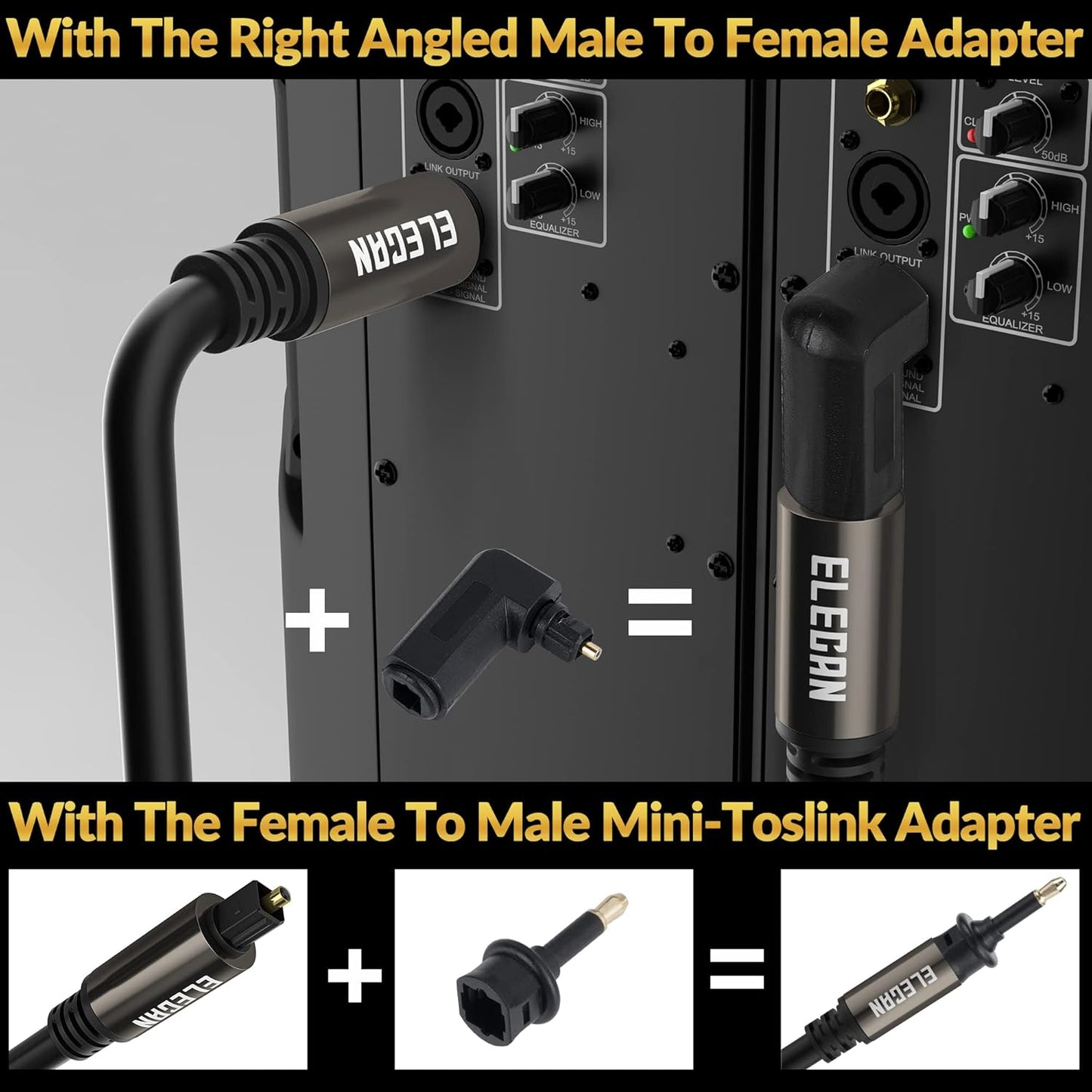 Elecan Optical Audio Cable 6 Ft/2 Pack Digital Audio Toslink Cable Cord-Fiber Optic-Gold Plated-Flexiable&Durable-for Home Theater,Sound Bar,PS4& Xbox-with Right Angled+Mini Toslink Adapters+Ties