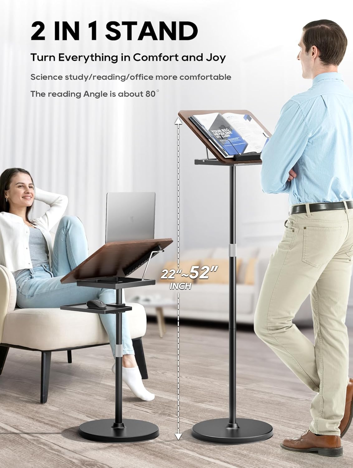 2 in 1 Adjustable Book Stand - Dual-Use Floor and Desktop Book Holder Stand, Height Adjustable 23.5-52 in, Elastic Page Clips for Music Sheet, Recipe, Tablet, Laptop-Black