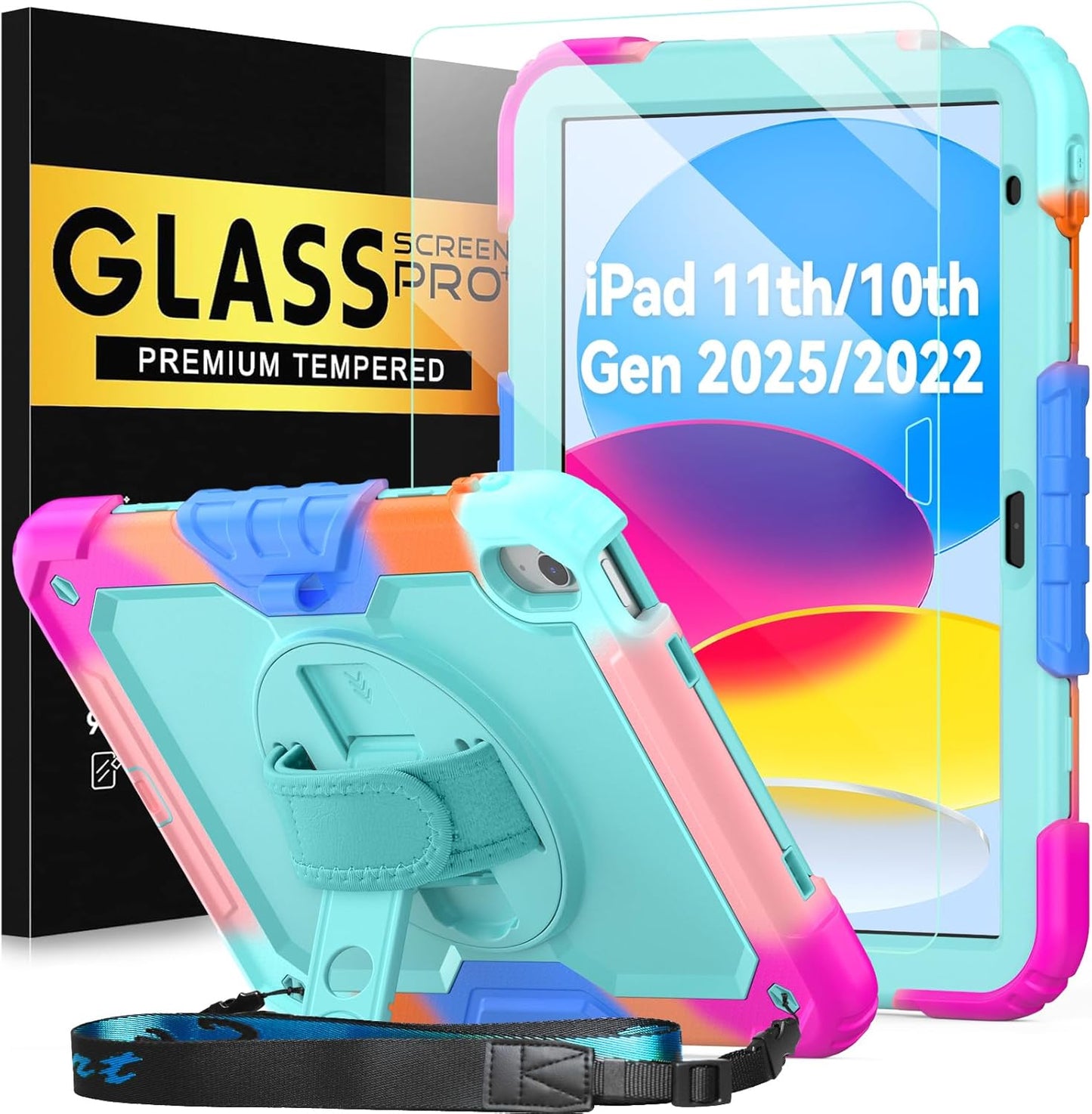 BLOSOMEET iPad Case for 11th/10th Generation 11''/10.9'' with Tempered Glass Screen Protector, Full Body Dropproof iPad Cover 2025/2022 with Stand Pen Holder & Hand Shoulder Strap, Turquoise