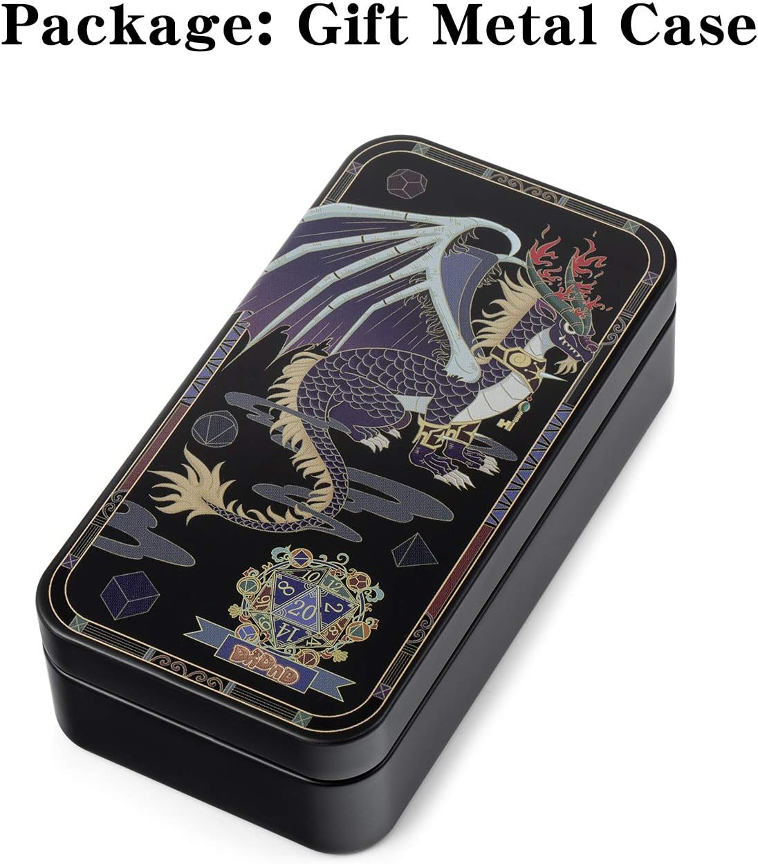 DnDnD Heavy Polyhedral Metal Dice Set with Metal Box, 7-die Shiny Blue Surface with Golden Number for RPG,Dungeons and Dragons,Pathfinder,Shadowrun,D&D,Role Palying Game and Math Teaching