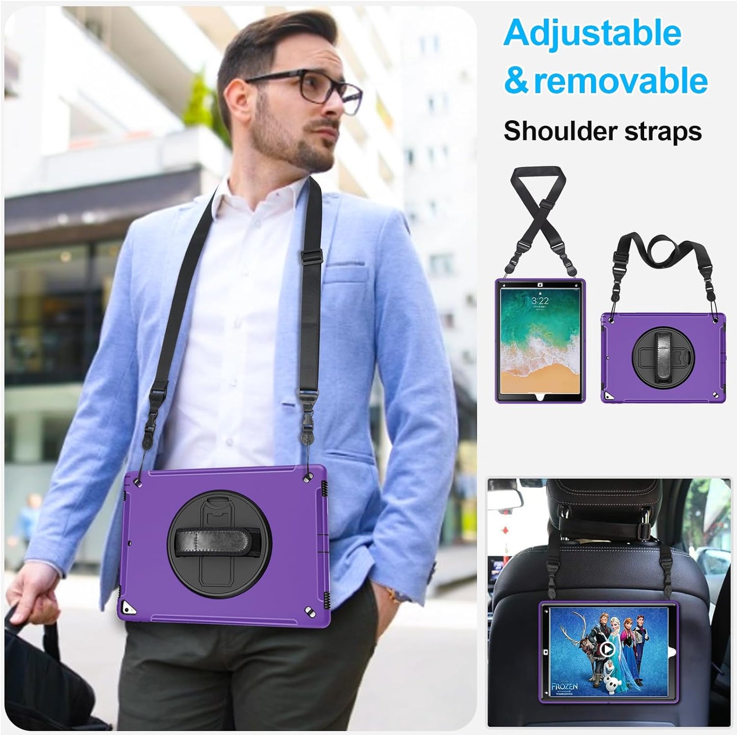 Case for iPad Pro 12.9 2nd Generation 2017 & 2015 1st Generation, Heavy Duty Rugged Shockproof Protective Cover w/ 360° Rotatable Stand + Handle Hand & Shoulder Strap + Pencil Holder-Purple