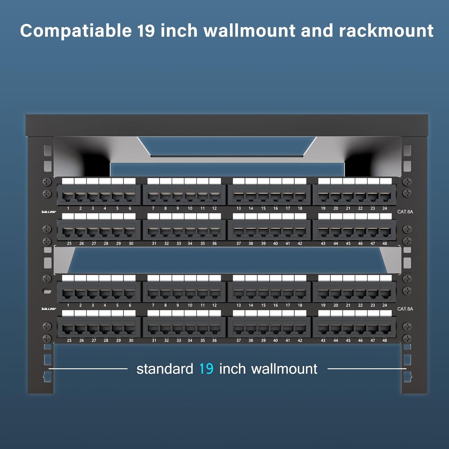 Iwillink 10Gbps Cat6A Patch Panel 48 Port, Network Patch Panel UTP 19-Inch, Wallmount or Rackmount 2U RJ45 Patch Panel Punch Down Block for Cat6A, Cat6, Cat5e Cat5 Cabling