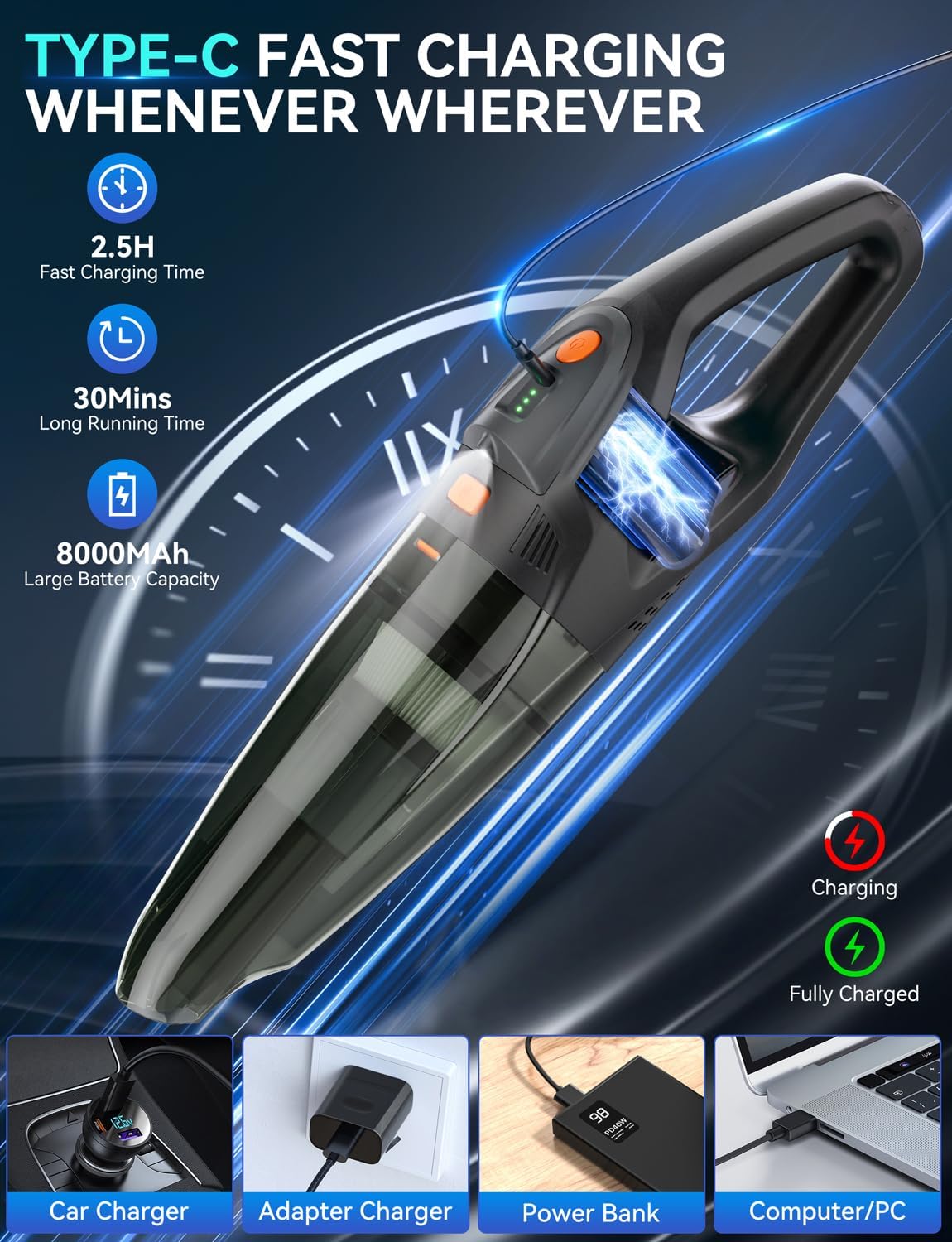 GHUSTAR Handheld Vacuum Cordless - 25000PA Strong Suction Hand Held Car Vacuum Cleaner Portable with Multi-Nozzles - Lightweight Dust Busters Rechargeable for Home Car Office Pets 2 Levels