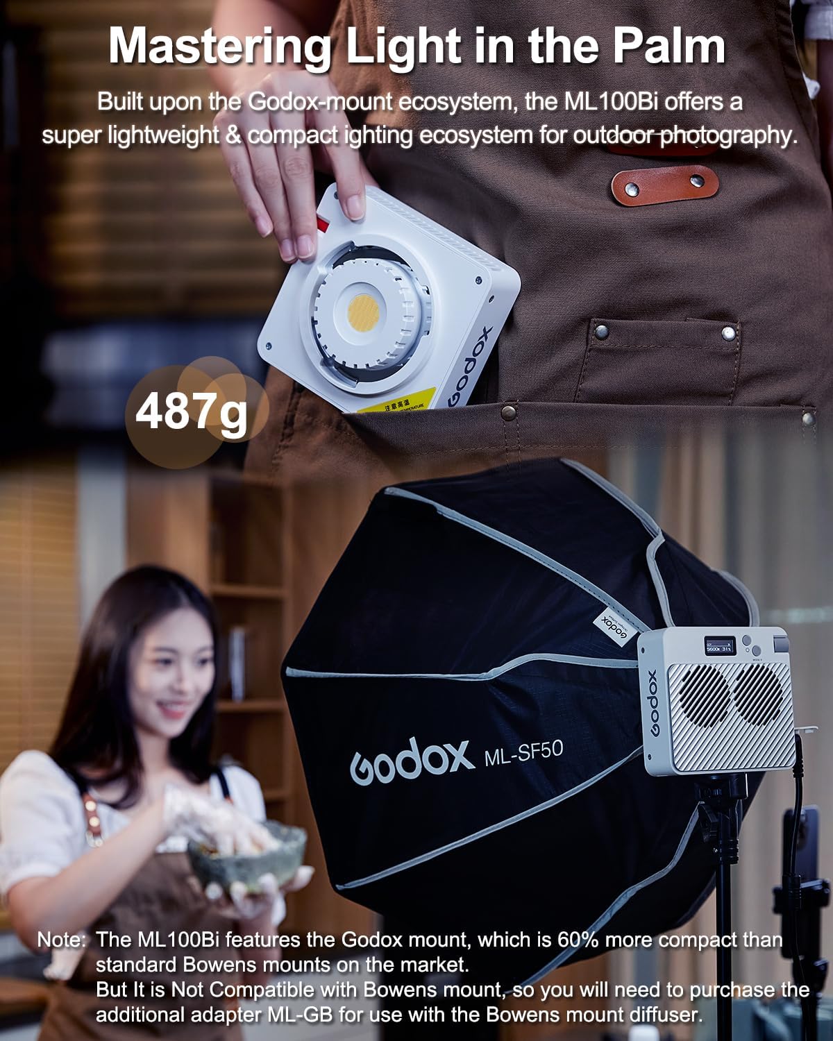 Godox ML100Bi 120W Bi-Color LED Video Light, 2800K-6500K COB Continuous Output Lighting with Reflector, Adapter for Filmmaking, Live Streaming, Video and Studio Photography