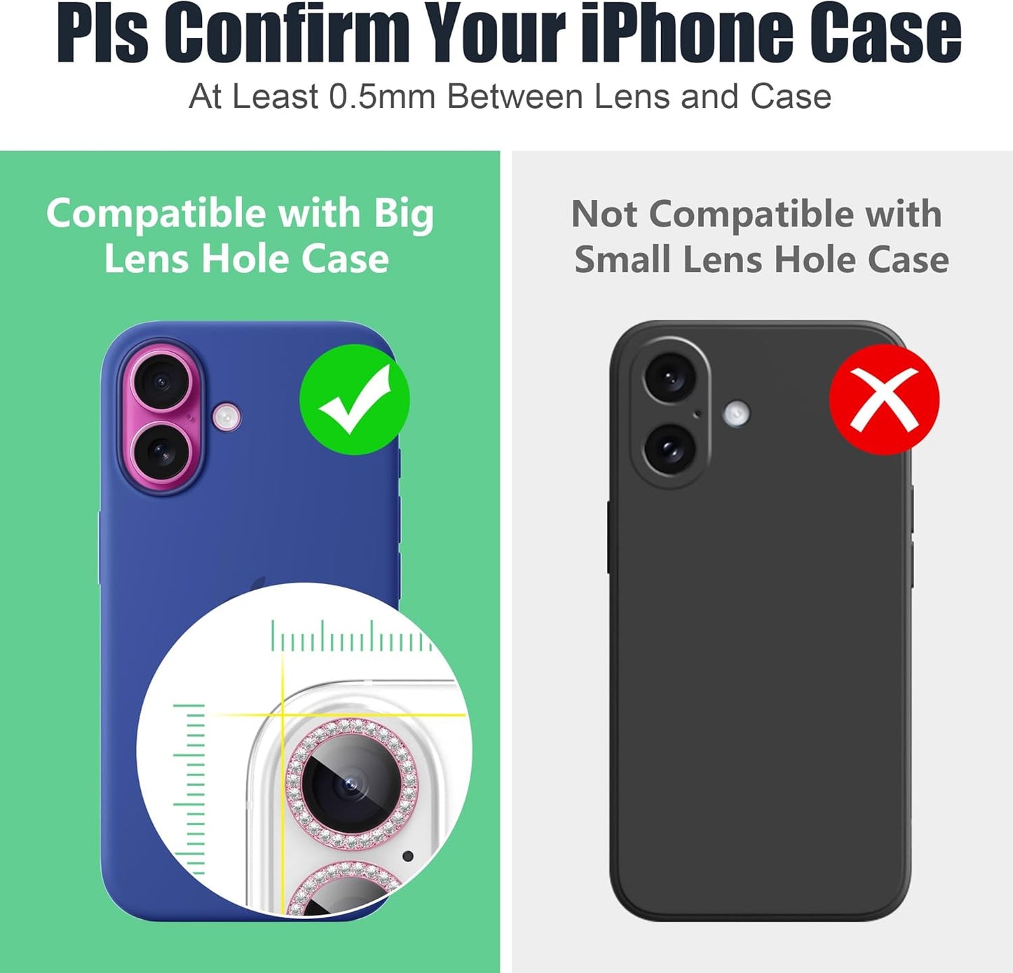 AGVEE 3+3 6 Pack for iPhone 16 6.1" / 16 Plus 6.7" Camera Lens Cover Protector, Bling Diamond & Bling Glitter Metal Ring 9H Tempered HD Glass Camera Cover Protector Film, Bling-Pink