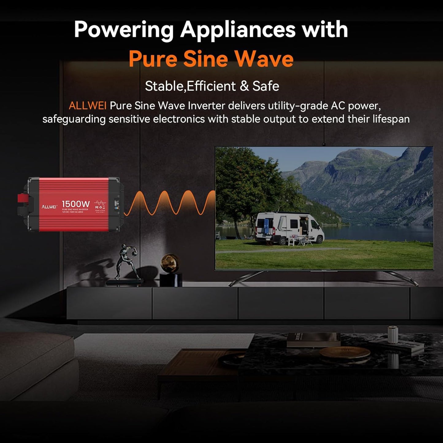 ALLWEI 1500W Pure Sine Wave Inverter 12V DC to 110V/120V AC Converter, Surge 3000W | Power Inverters Vehicles with 2 AC Outlets, RV Truck Boat Home Outdoor & Off-Grid Solar Inverter, Smart LCD Display