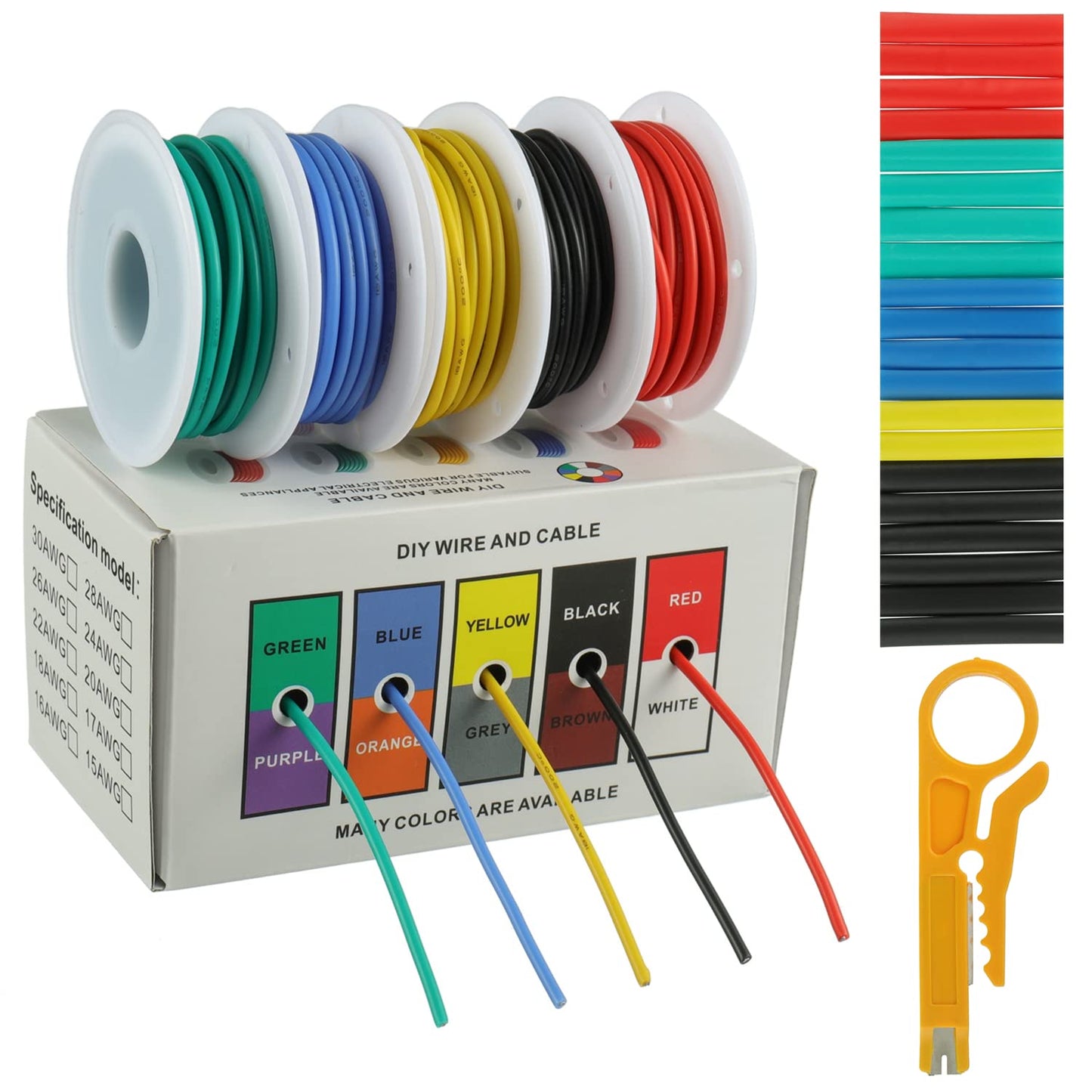 BOJACK 18 AWG Flexible Silicone Wire Electric Wire Hook up Wire Kit 300V Cables with Plus 20 φ3mm Heat Shrink Tubings and a Mini Wire Stripper(5 Colors 16.4Ft Each Color, 18AWG)