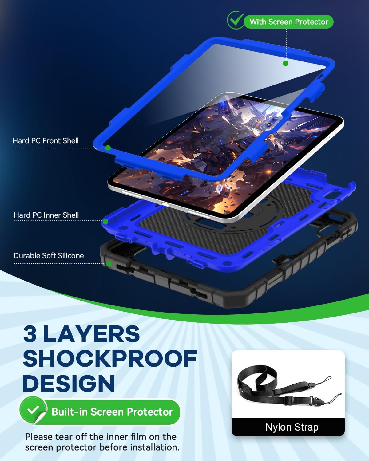 Cantis Case for iPad 11-inch (A16) 2025/ iPad 10th Generation 2022 (10.9 inch) with Screen Protector, iPad 11th Case with 360 Degree Rotating Stand/Shoulder Strap/Pencil Holder, Black+Dark Blue