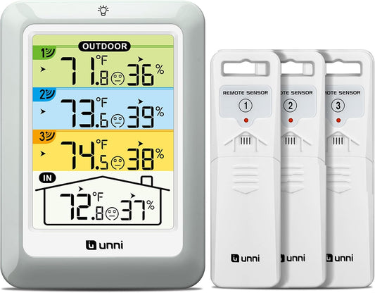 Indoor Outdoor Thermometer Wireless with 3 Sensors, 4.5 Inch Display with 330ft Range and Adjustable Backlight (Colorful)