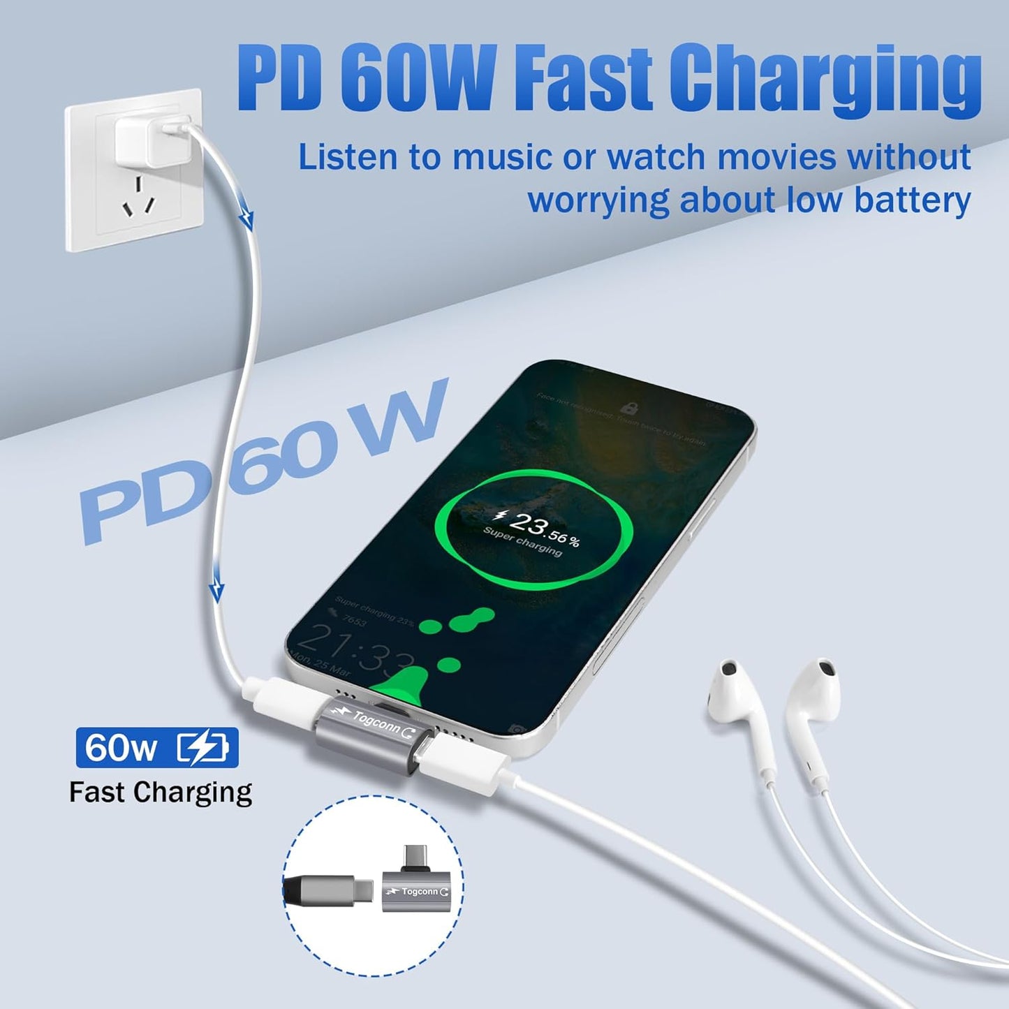 Dual USB C Headphone and Charger Adapter Splitter, 2-in-1 Type C to USB-C Audio Adapter with PD 60W Fast Charge, Type-C Splitter Dongle Converter for iPhone 16 Series, Galaxy S24/23, iPad Pro, Pixel 8