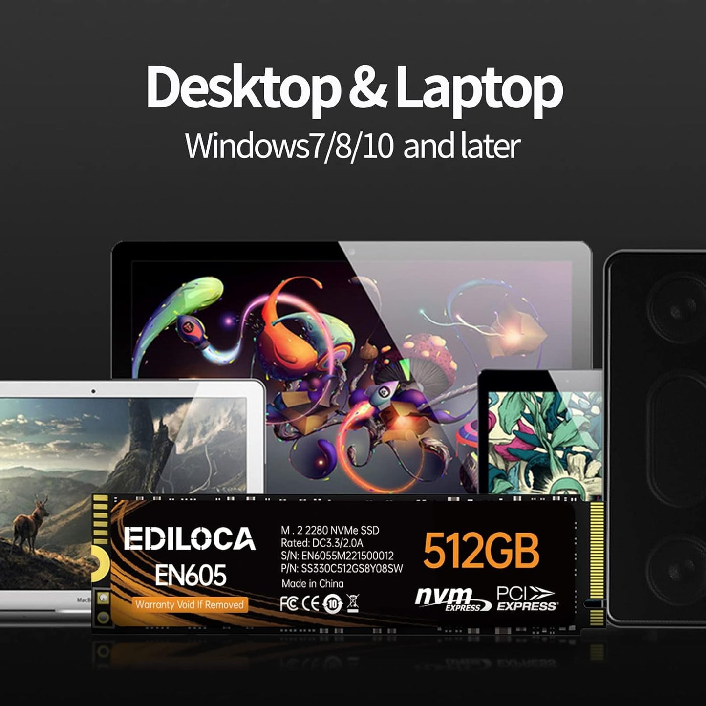 EN605 512GB M.2 SSD, NVMe1.3 PCIe Gen3 x4 SSD TLC, Internal Hard Drive, M.2 2280 - Read/Write Speed up to 2150/1600 MB/s - Internal SSD Compatible with Laptop & PC Desktop