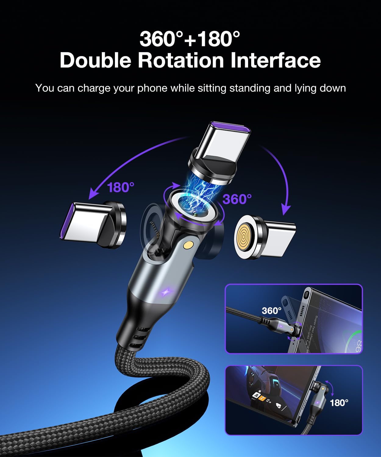 A.S Gen3 USBC Magnetic Charging Cable 240W (2Pack, 3.3ft/6ft), 9Pin USB C to USB C Magnet Charger Cable/360&180 Rotation Magnetic Phone Charger Data Cable for Phone 15/Samsung/M-Book/Pad Series
