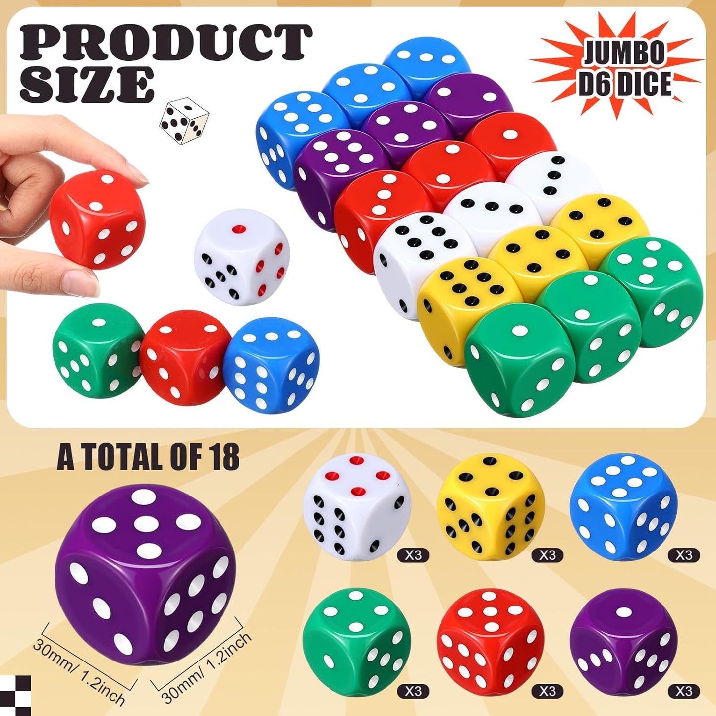 18 Pcs Casino Theme Party Dice Large Opaque Jumbo Acrylic D6 Dice for Casino, Craps, Table Games and Board Games (30 mm,Classic Color)