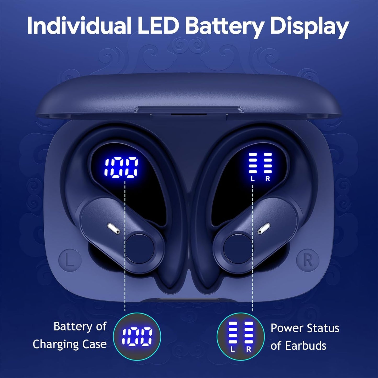 GOLREX Active Noise Cancelling Ear Buds Wireless Earbuds Bluetooth Headphones with 80H Playtime LED Display Wireless Charging Case, Over-Ear Hooks Earbud for Sports Running Gym Workout Blue