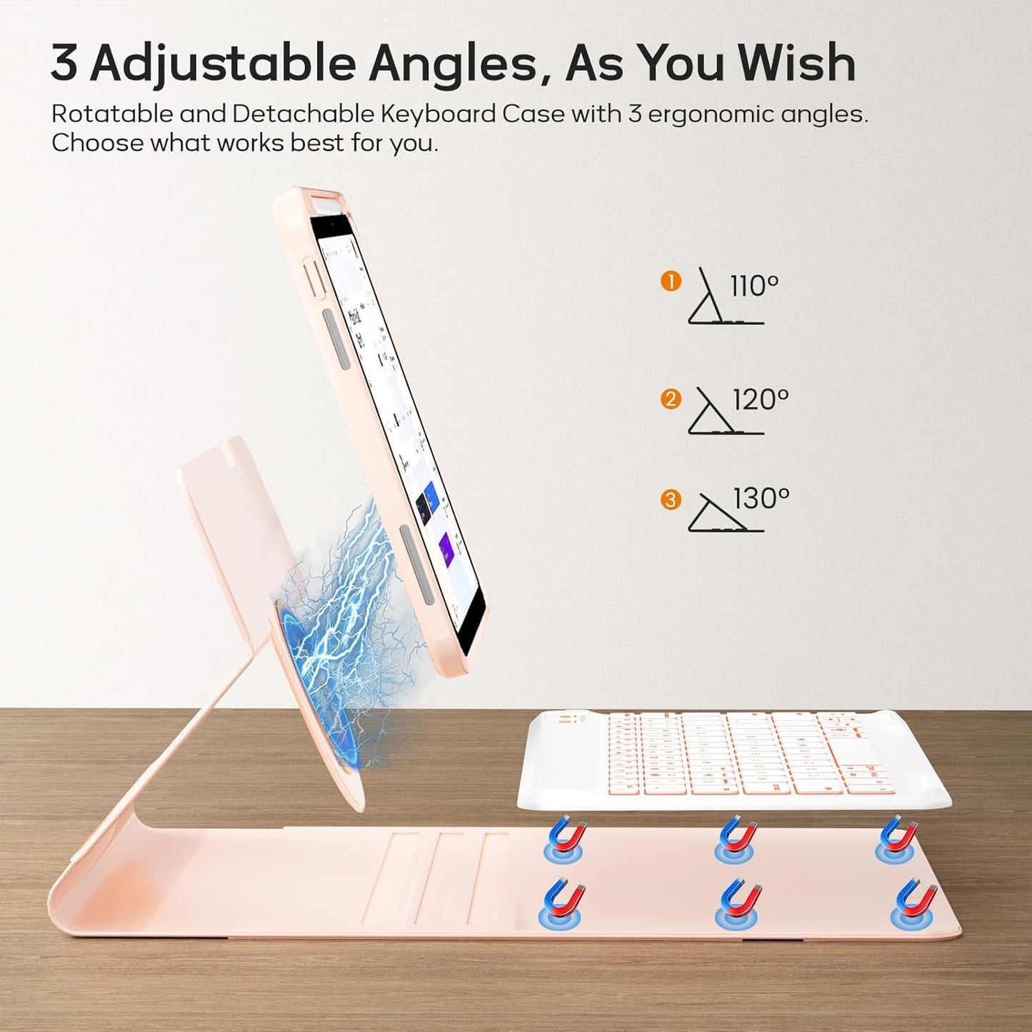 BLUTLOTUS for iPad 11th (A16) 10th Generation Case with Keyboard (2025/2022) - 360° Rotatable Magnetic Folio Cover, 7 Color Backlit Detachable Keyboard with Pencil Holder (Rose Gold)