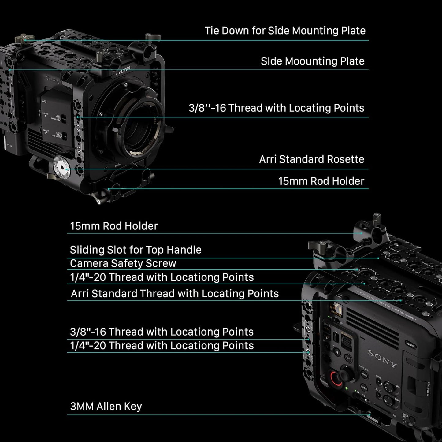 Tilta Camera Cage Compatible with Sony BURANO | Arri Rosettes, 1/4"-20 and 3/8"-16 Threads | w/Top Handle, Left/Right Side Arm, Battery Plate (Full Camera Cage)