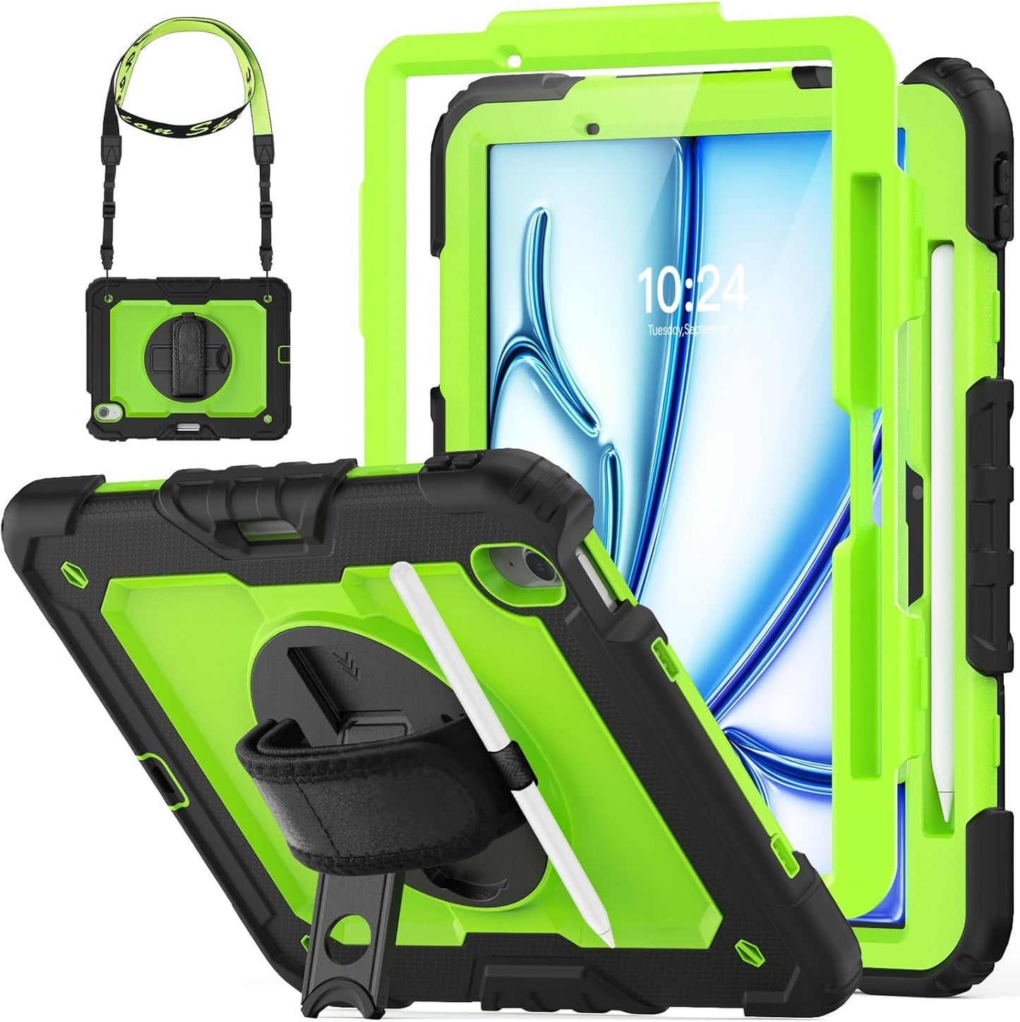 HXCASEAC Case for iPad Air 11 inch (2025 M3 / 2024 M2), Shockproof Design with Pencil Holder/Screen Protector/Rotating Hand Strap, Protective Cover for iPad Air 7th/6th Generation - Green