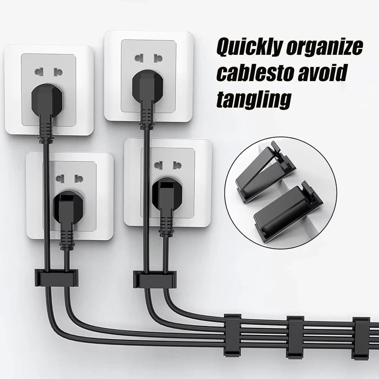 Adhesive Cable Clips Holder, Outdoor Light Clips, Black Cord Wire Clips, Sturdy Nylon Cord Wall Finisher Wire Clamp for Home, Car, Office Desk Wire Management (Black, L-100 PCS)