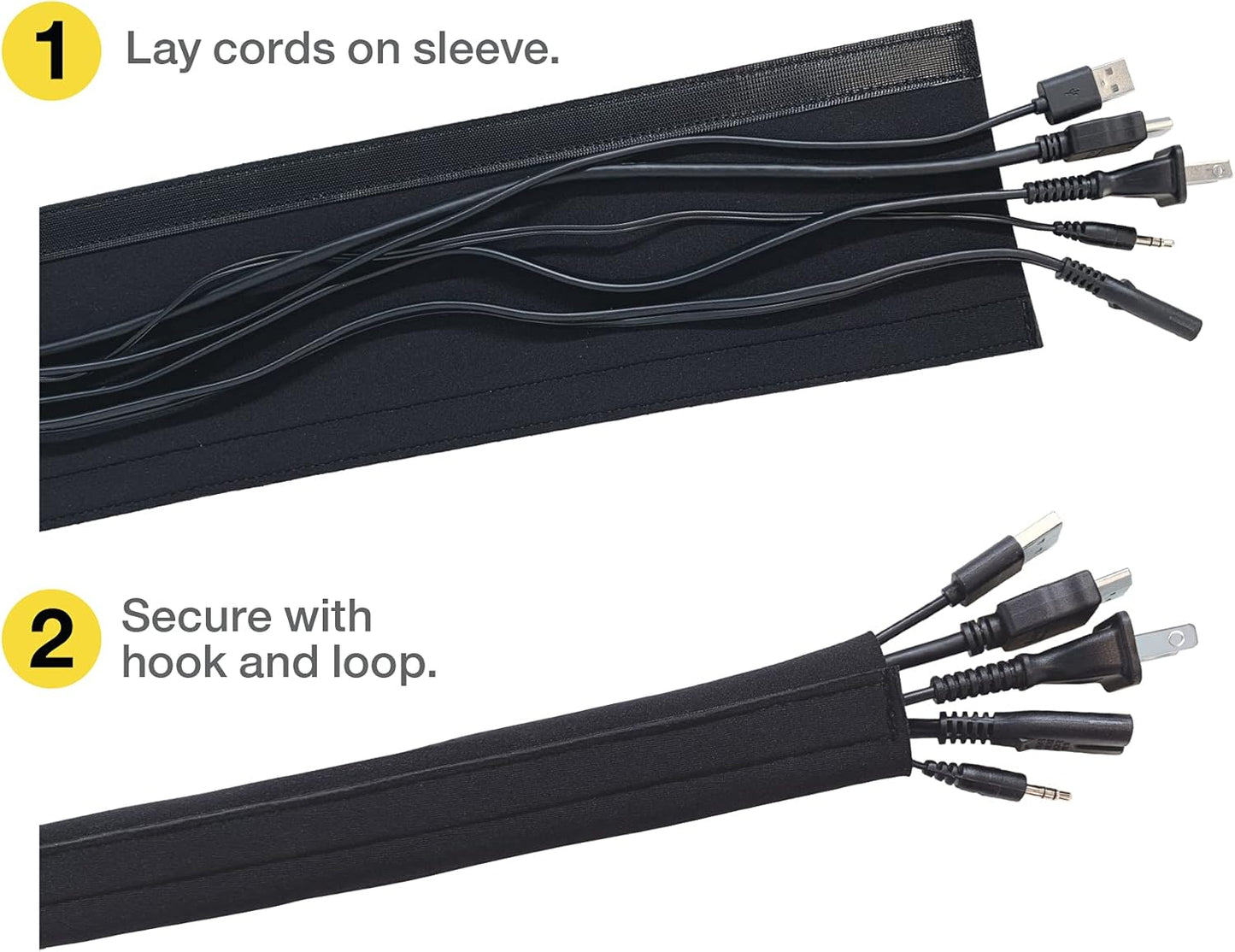 Hook and Loop Cable Sleeve by Wrap-It Storage - 48" x 4.5" (2-Pack) Black - Cut to Size Cord Organizer and Cable Protector for Desk, TV Cord Management to Hide and Cover Wire and Extension Cords