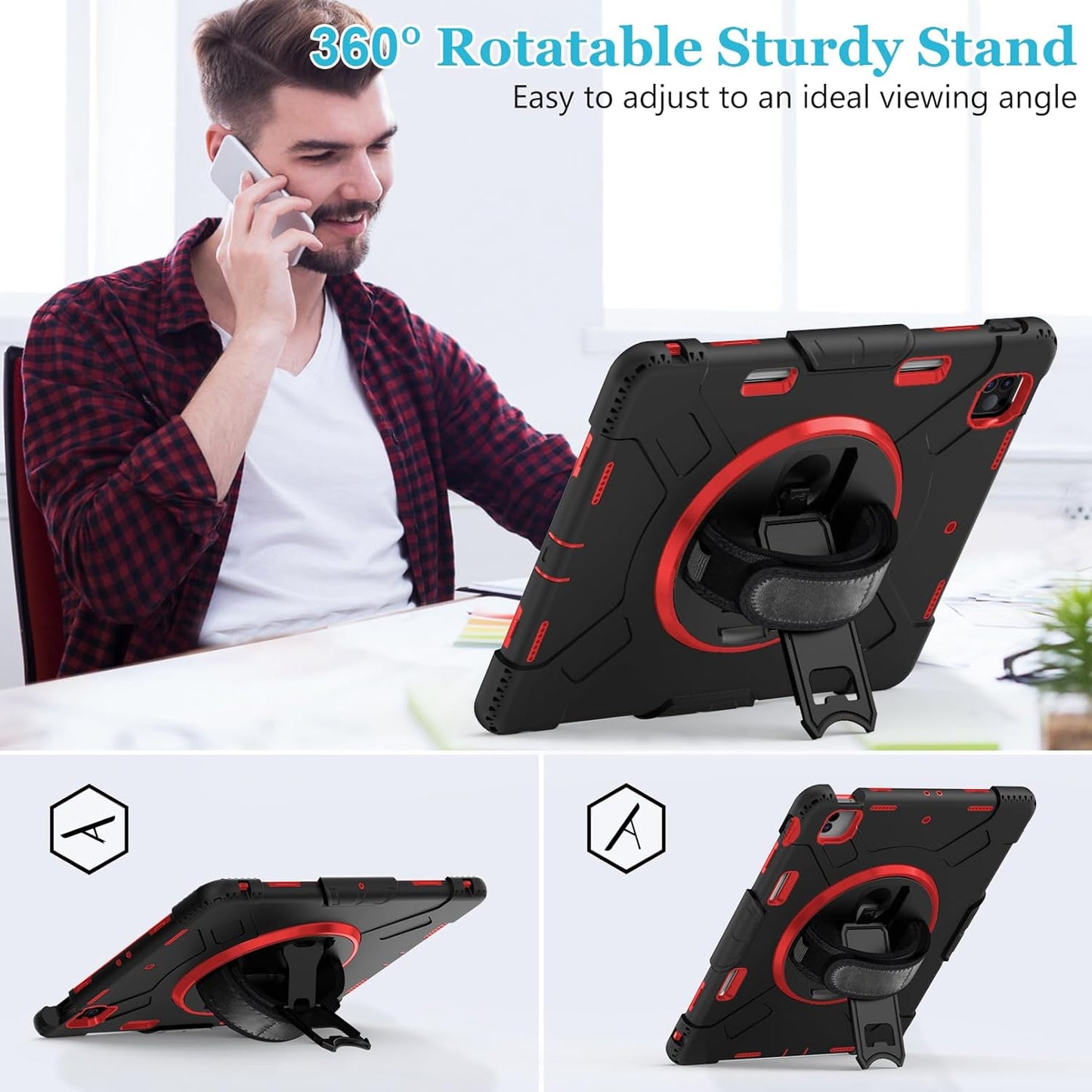 Case for iPad Pro 12.9 2022/2021/ 2020/2018: Cover for iPad Pro 12.9 6th/ 5th/ 4th/ 3rd Generation with Screen Protector- Stand- Pencil Holder- Handle- Shoulder Strap Red+Black