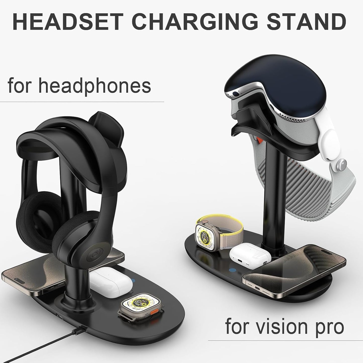 Airpod Max Charger Stand with 15w Wireless Charger, Suguder 4 in 1 Headset Holder for Apple Accessories Charging with AirPods Max/Pro/iWatch/iPhone/Vision Pro, Headphones Stand for Desk Organizer