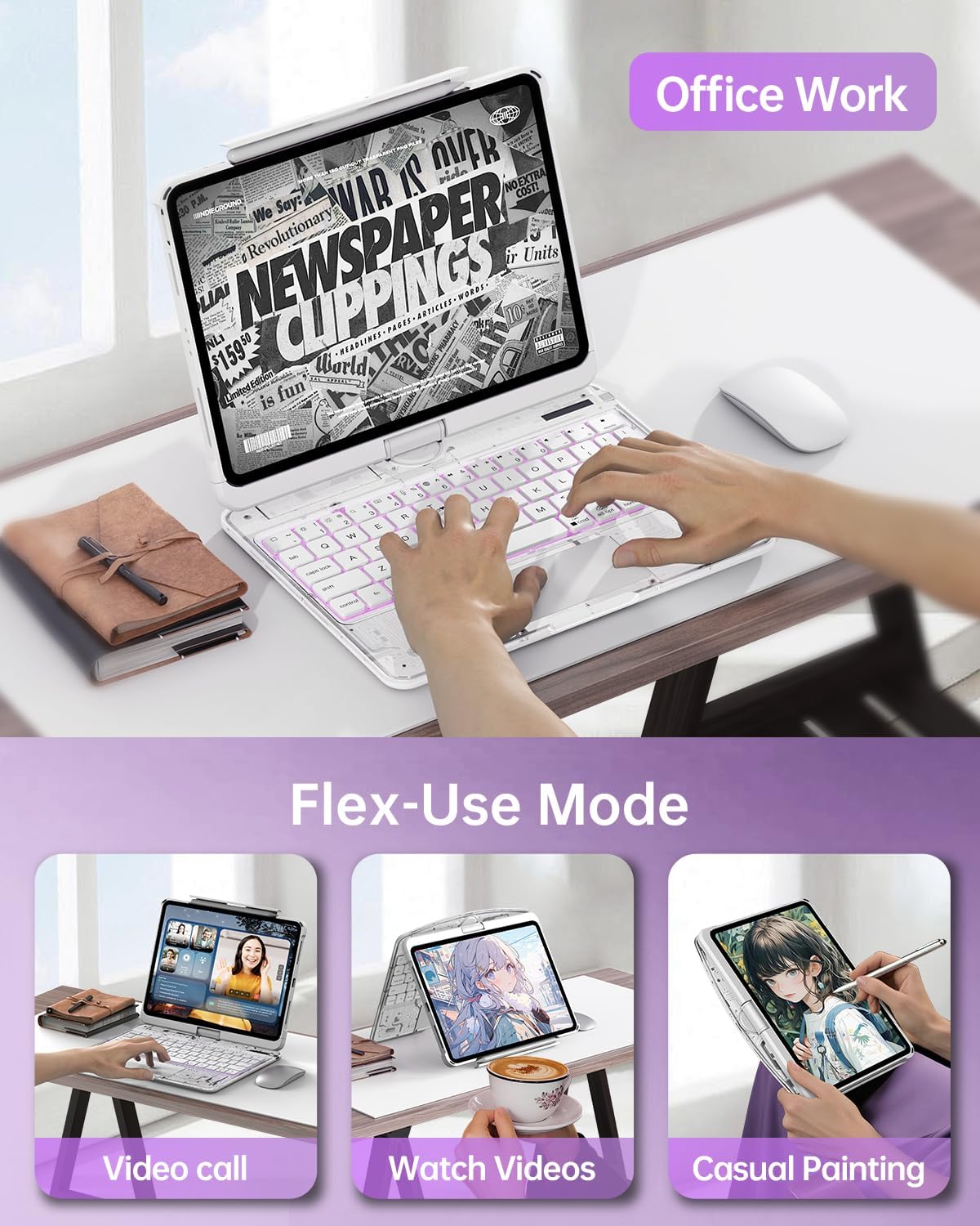 Intermerge Clear iPad A16 11th & 10th Generation 10.9" Case with Keyboard, 360° Transparent Multi-Touch Trackpad, 7-Color RGB Keyboard, Pencil Holder, Type-C, Power Indicator, Frost Pulse