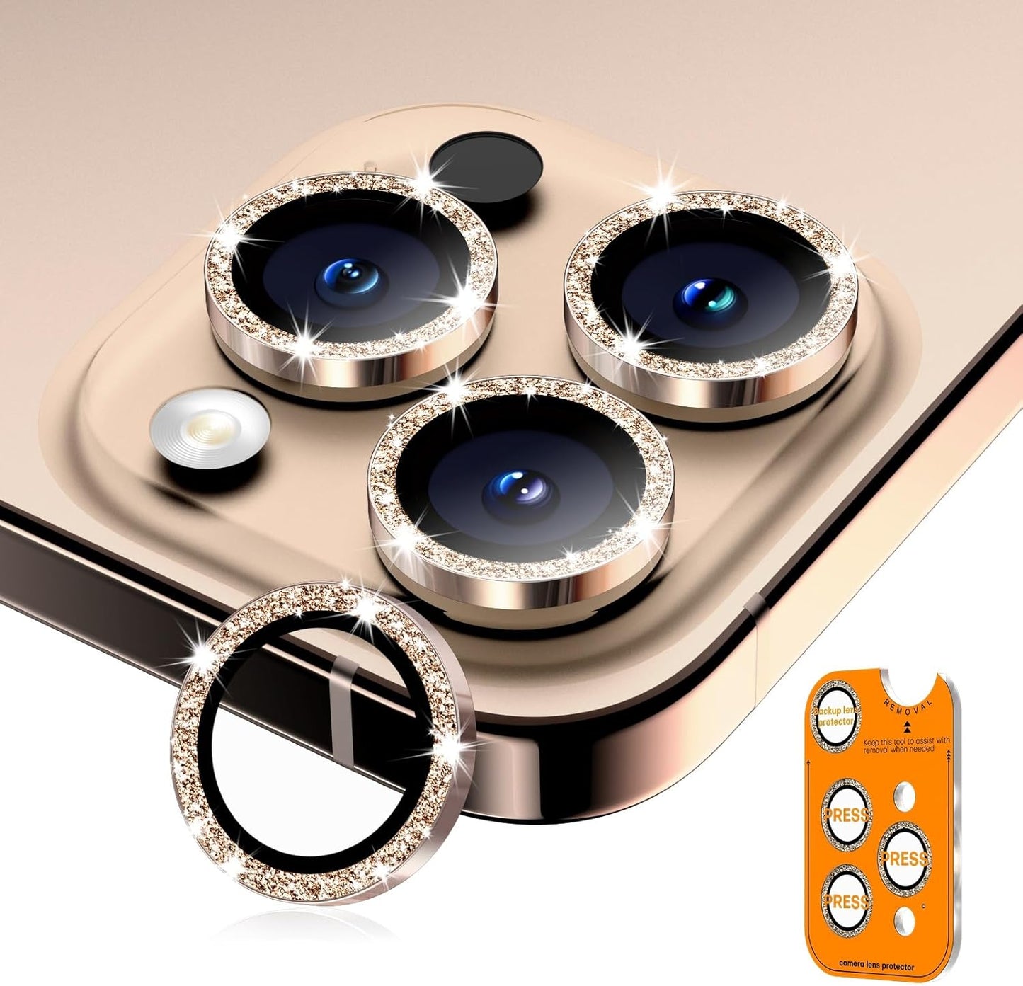 Camera Lens Protector for iPhone 16 Pro Max/16 Pro/15 Pro Max/15 Pro/14 Pro Max/14 Pro, Sapphire Glass Metal Individual Camera Cover Screen, Anti-drop, Case Friendly- Glitter Desert Titanium