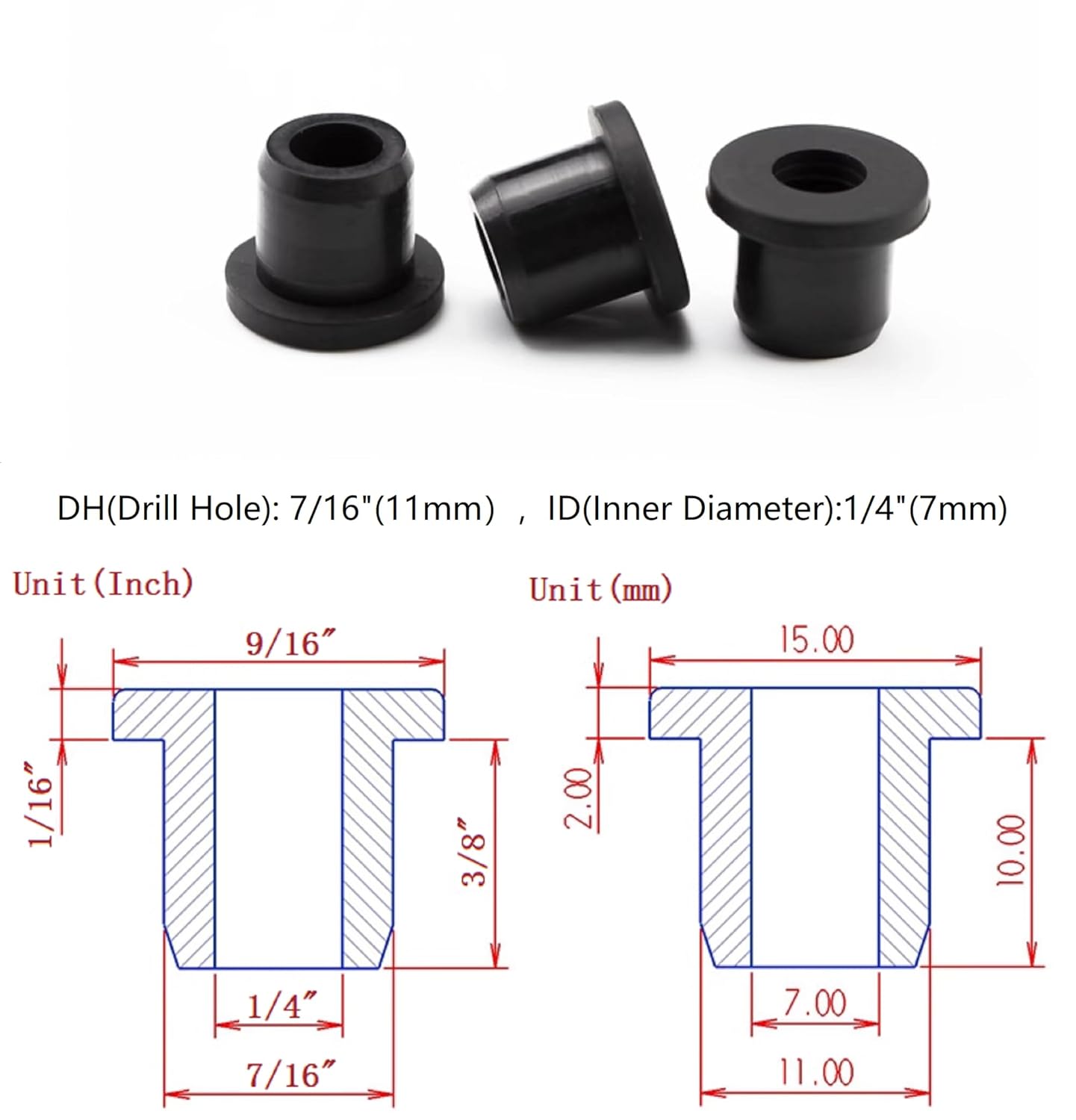 20 pcs 7/16" Drill Hole，1/4" ID Black Silicone Top hat Rubber Grommets for Wiring，Automotive，Firewall，Hole Plug，Desk，Screw，Water and Gas Pipe，Drain，House Siding，Cable Bushing，Glass，Wire Plug