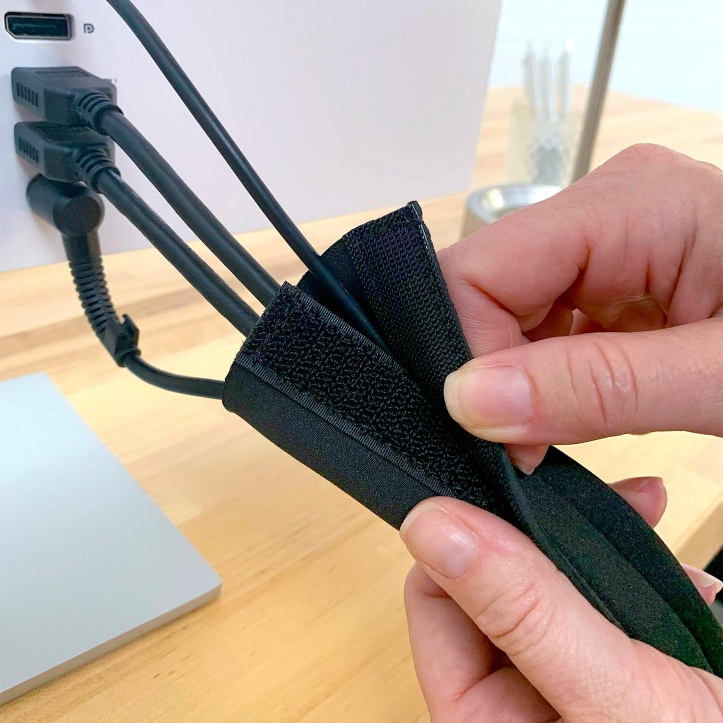 Hook and Loop Cable Sleeve by Wrap-It Storage - 48" x 4.5" (2-Pack) Black - Cut to Size Cord Organizer and Cable Protector for Desk, TV Cord Management to Hide and Cover Wire and Extension Cords
