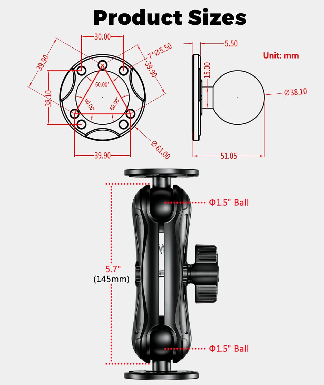 Aluminum Alloy Fish Finder Mount with 1.5" Ball AMPS Hole Round Plates, 5.7" Medium Arm Marine Electronic Mount Tablet Holder for Garmin, Lowrance, Humminbird, Raymarine and More