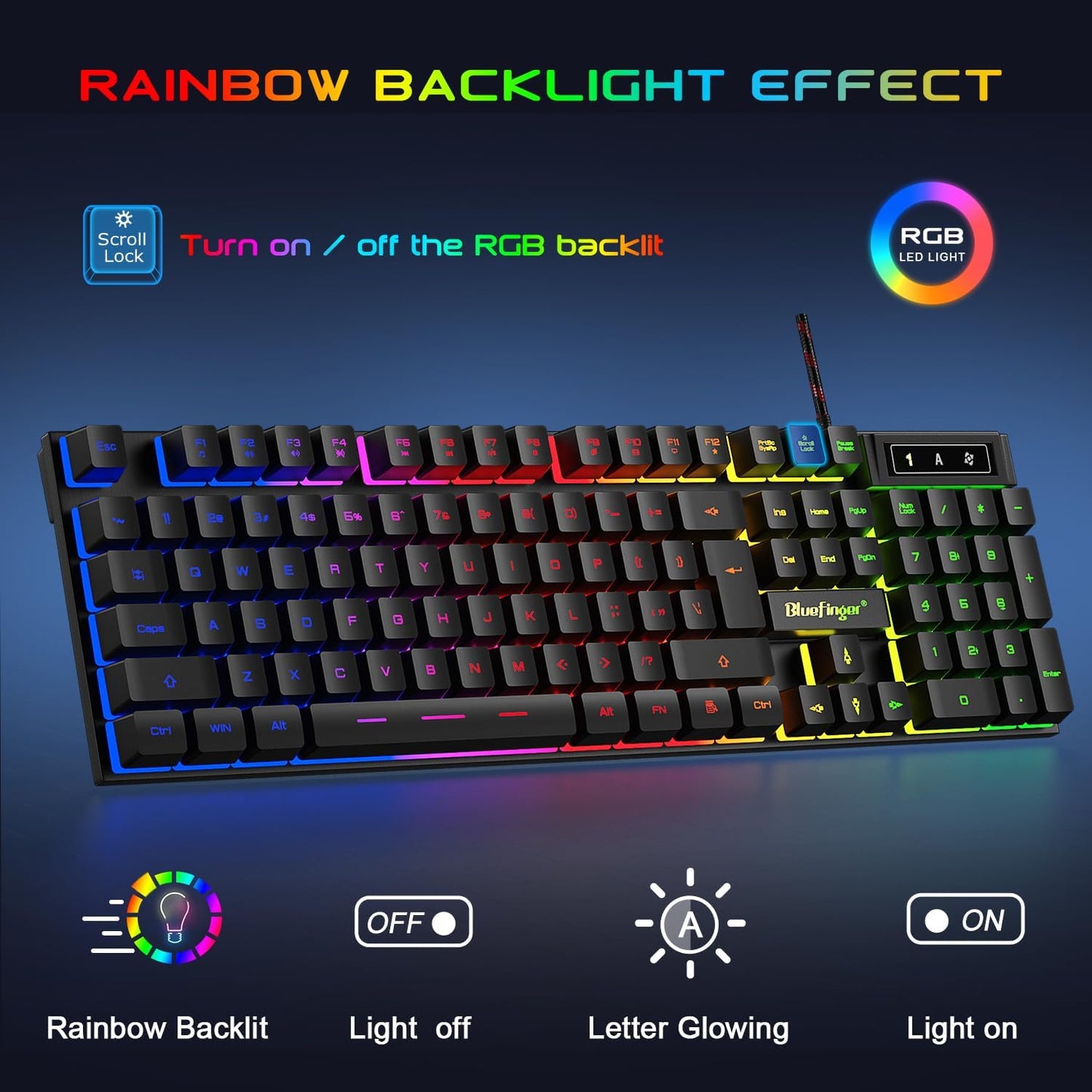 BlueFinger RGB Gaming Keyboard and Backlit Mouse and Headset Combo, USB Wired Backlit Keyboard, LED Gaming Mouse Set, Headset with Microphone for Laptop PC Computer Game and Work