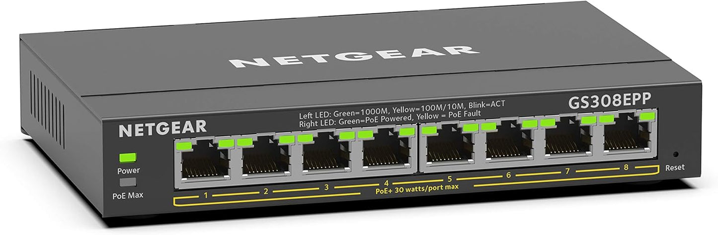 NETGEAR 8 Port PoE Gigabit Ethernet Easy Smart Managed Essentials Switch (GS308EPP) - with 8 x PoE+ @ 123W, Desktop or Wall Mount