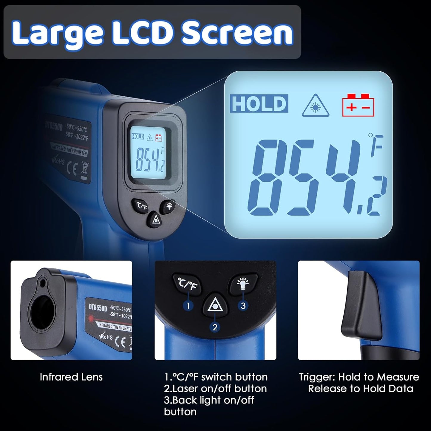 Infrared Thermometer Gun for Cooking, -58℉~1022℉, Digital Laser Temperature Gun for Deep Frying, Pizza, Blackstone, Reptiles, IR Thermometer with Carrying Storage Case, Larger Font, LCD Backlit, Blue