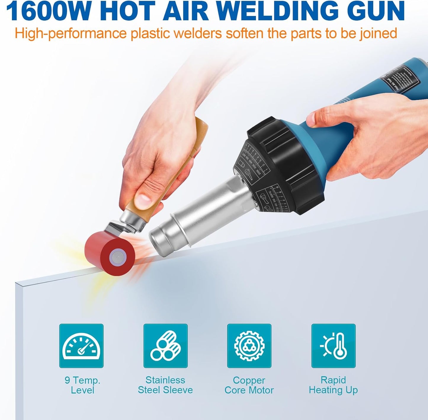 Iglobalbuy 1600W Hot Air Welder Heating Gun Kit, Handheld Hot Air Vinyl PVC TPO Welding Heating Gun Torch Tools kit with Various Nozzles Carrying Case