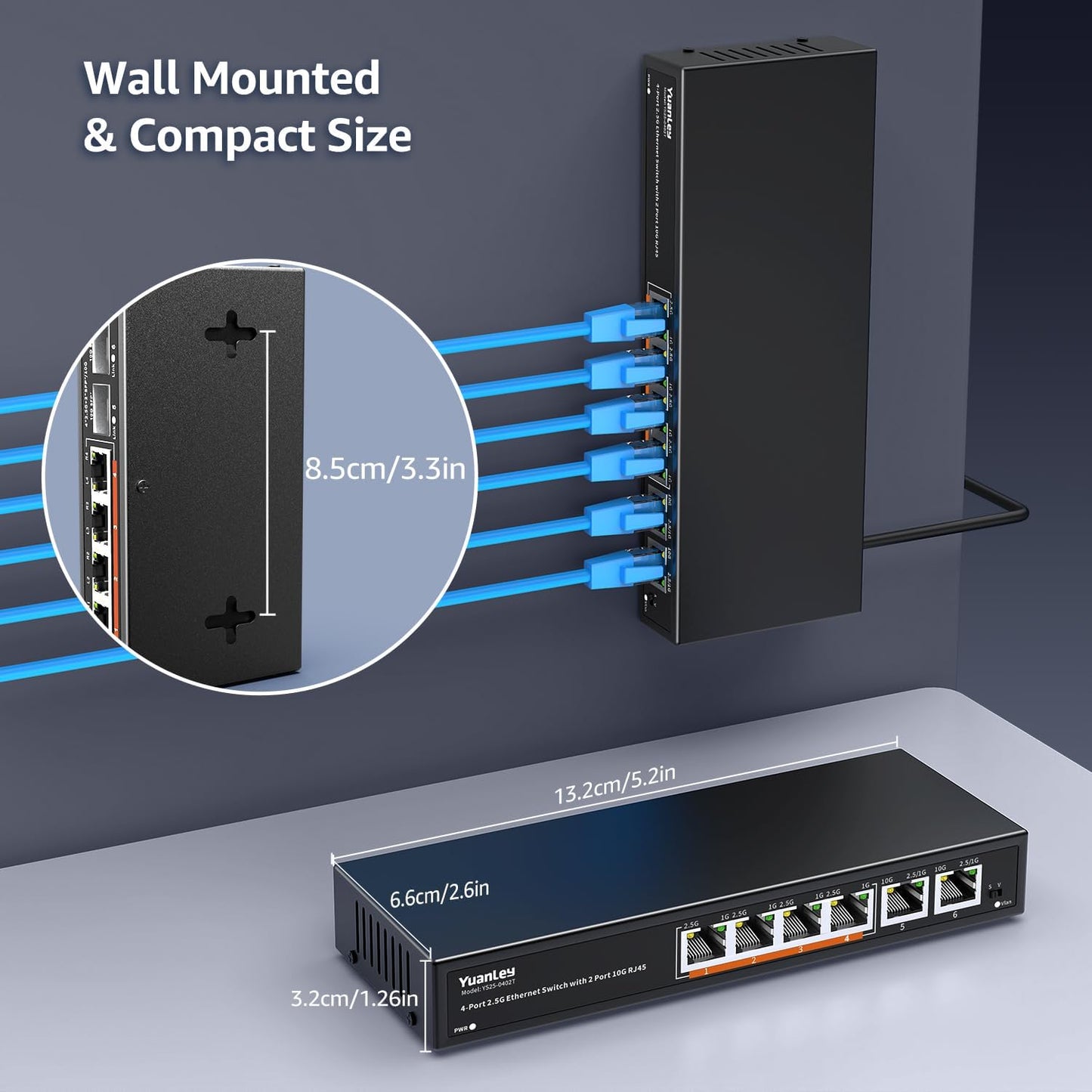 6 Port 10G Ethernet Switch Unmanaged, 4 x 2.5G Base-T Ports, 2 x 10Gb RJ45 Ports, Compatible with 100/1000/2500Mbps, Metal Fanless, VLAN, YuanLey 2.5Gbe Network Switch for 2.5G/10G NAS, Wireless AP