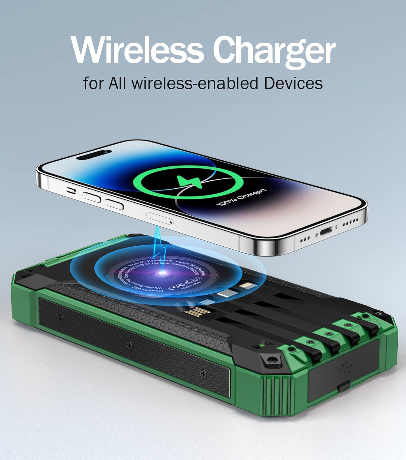 GOODaaa Power Bank Wireless Charger 36000mAh Built in 4 Cables Six Outputs 15W Fast Charging Power Bank for All Mobile Devices Three Inputs Solar Portable Charger with Dual Flashlights, Carabiner