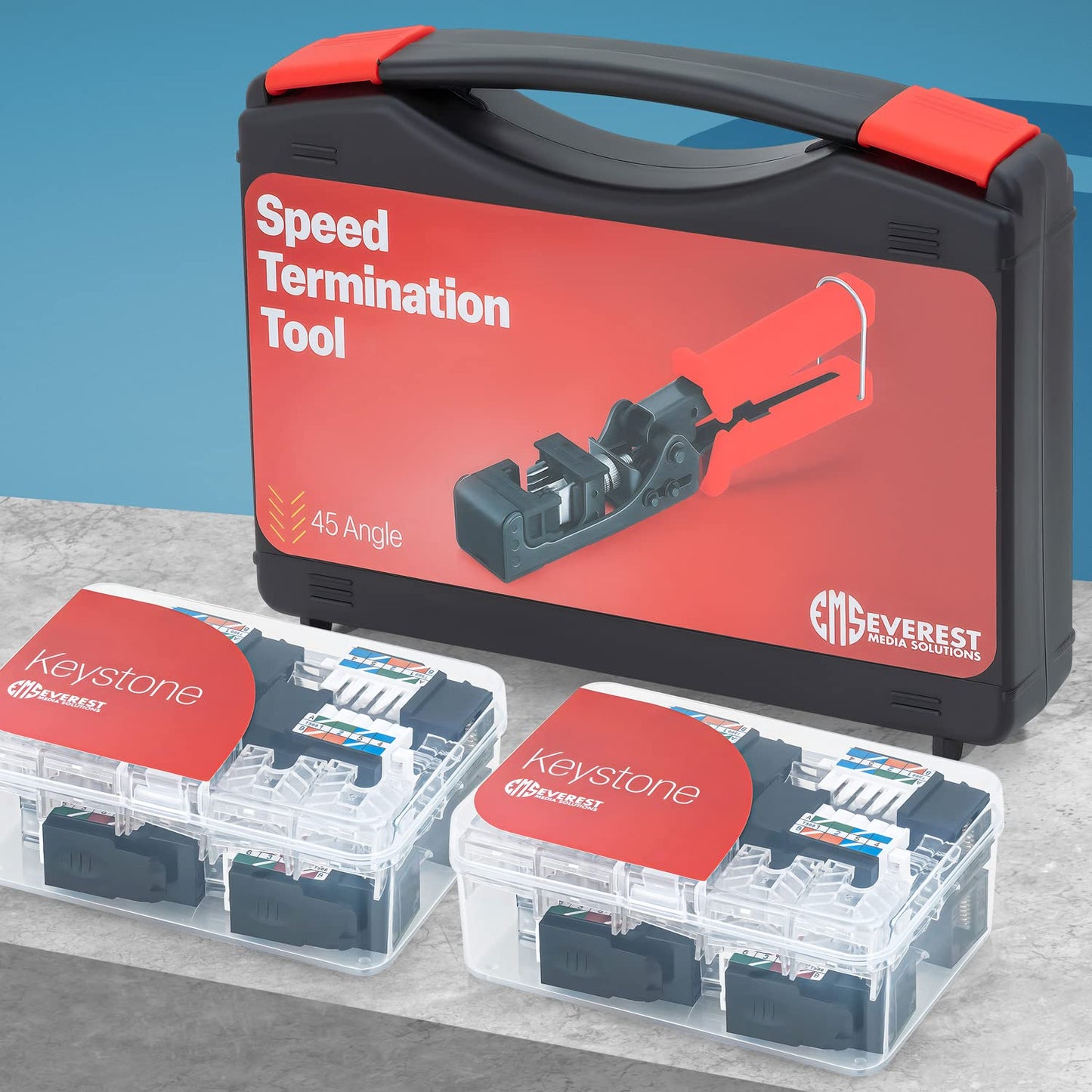 Everest easyJACK - 45° Angled Speed Termination Keystone Tool Set - with 20-Pack of RJ45 Cat6 Keystone Jacks in Black (Slim Profile Design) - Time Saver Network Punch Down Tool Cat6