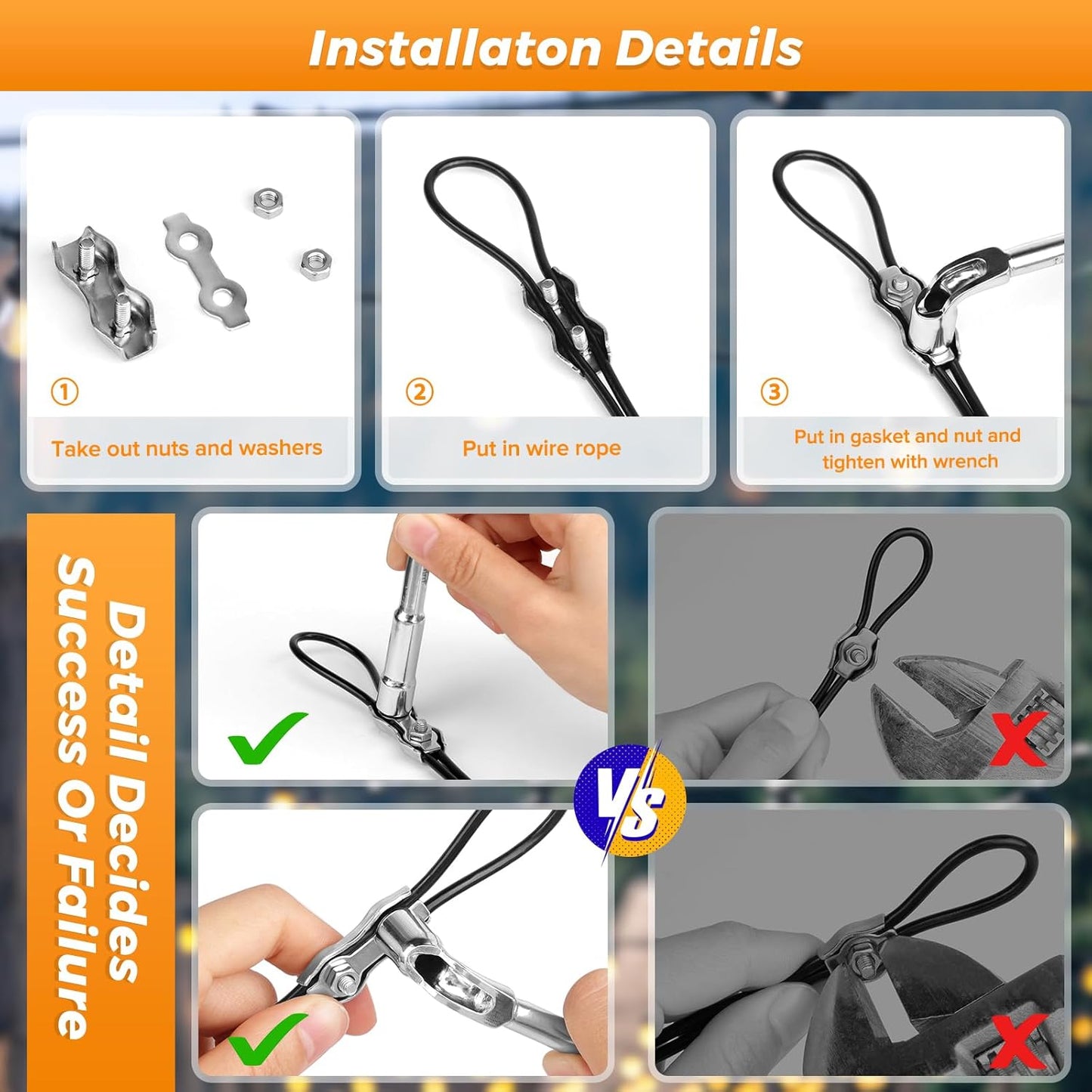 Belio String Light Hanging Kit, Stainless Steel Cable for Outdoor Lights, 182 FT Wire Rope Cable Turnbuckle and Hooks, Globe String Light Suspension Kit